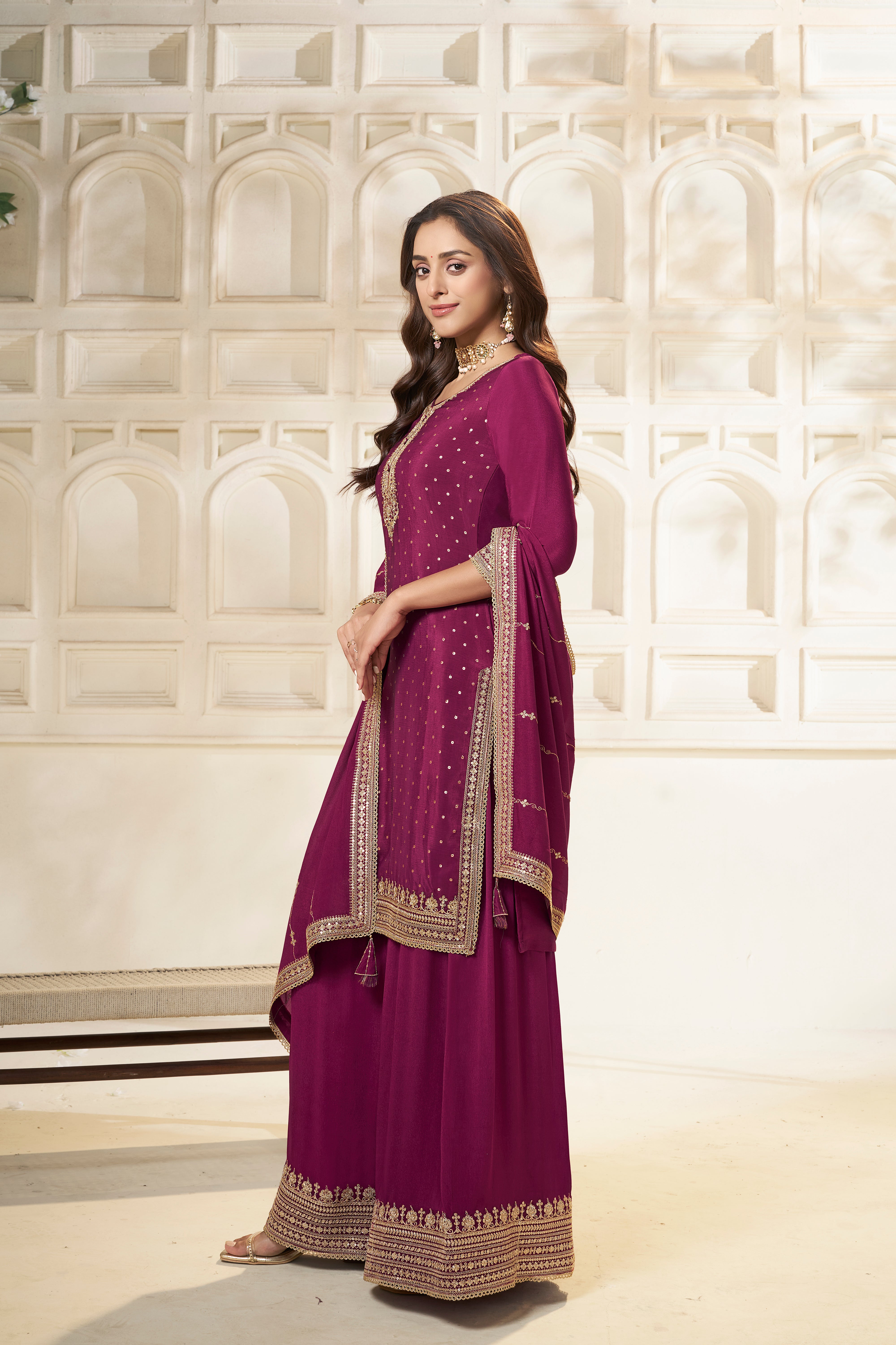 Wine Chinon Silk Kurta & Divider Sharara Set