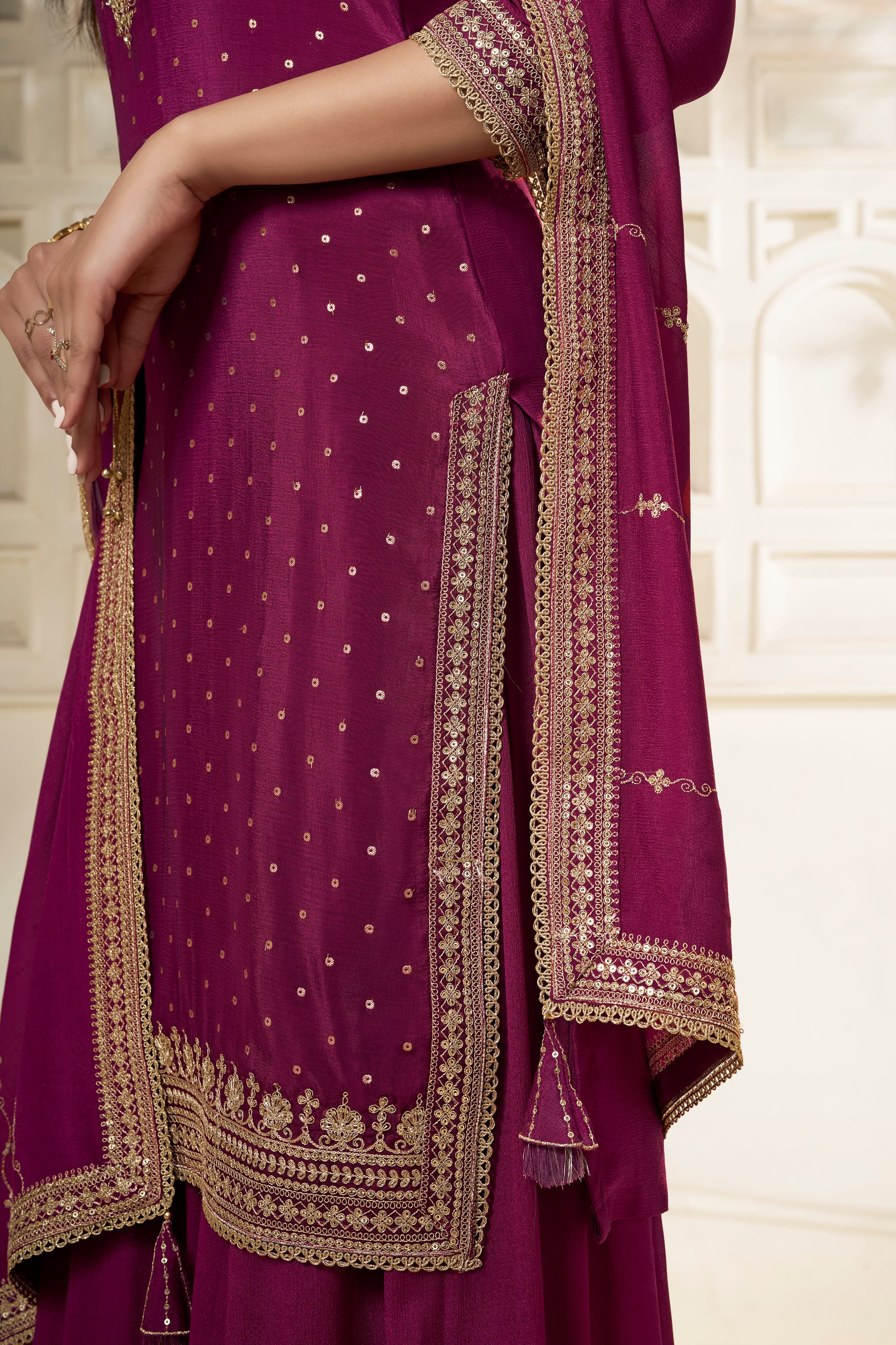 Wine Chinon Silk Kurta & Divider Sharara Set