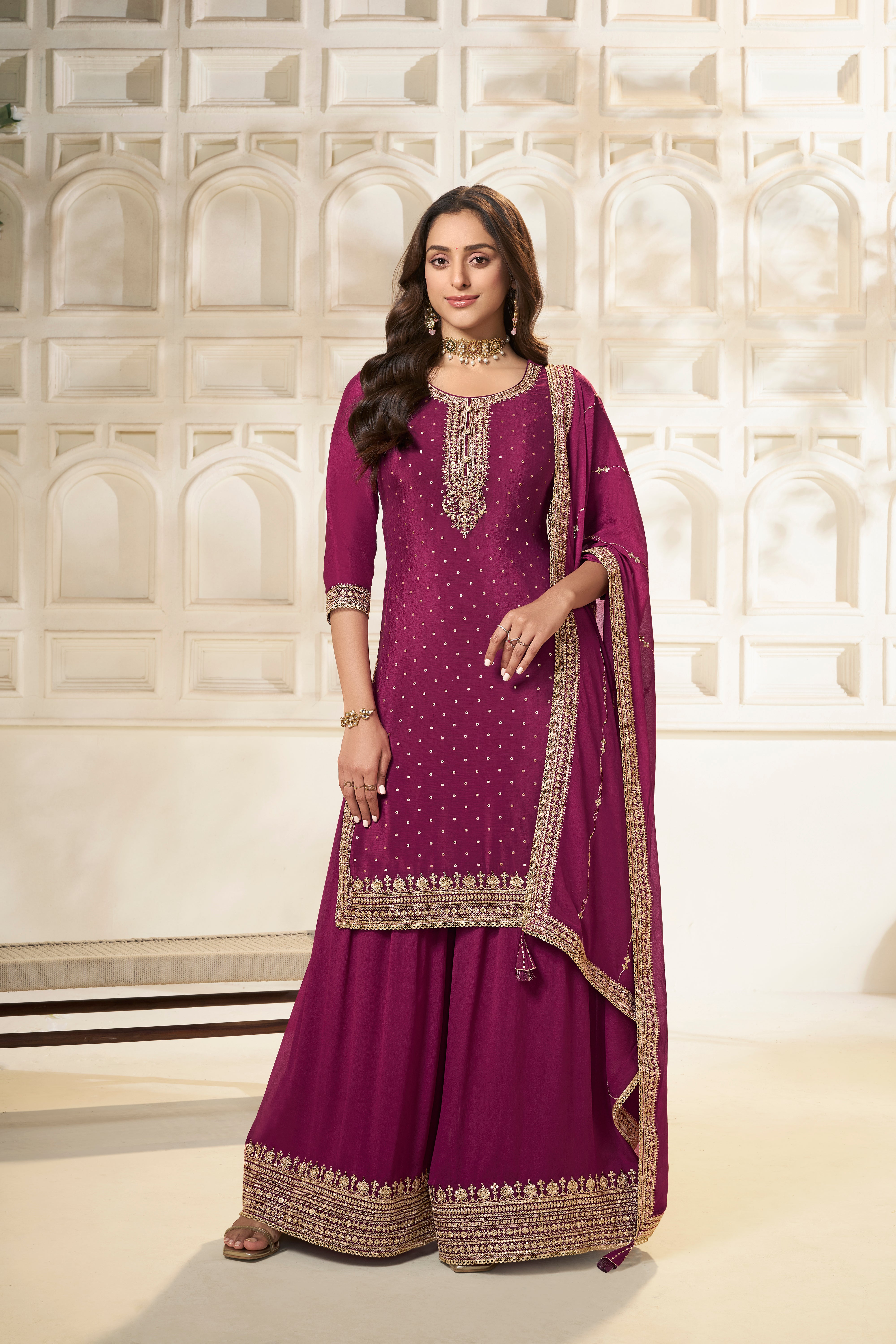 Wine Chinon Silk Kurta & Divider Sharara Set