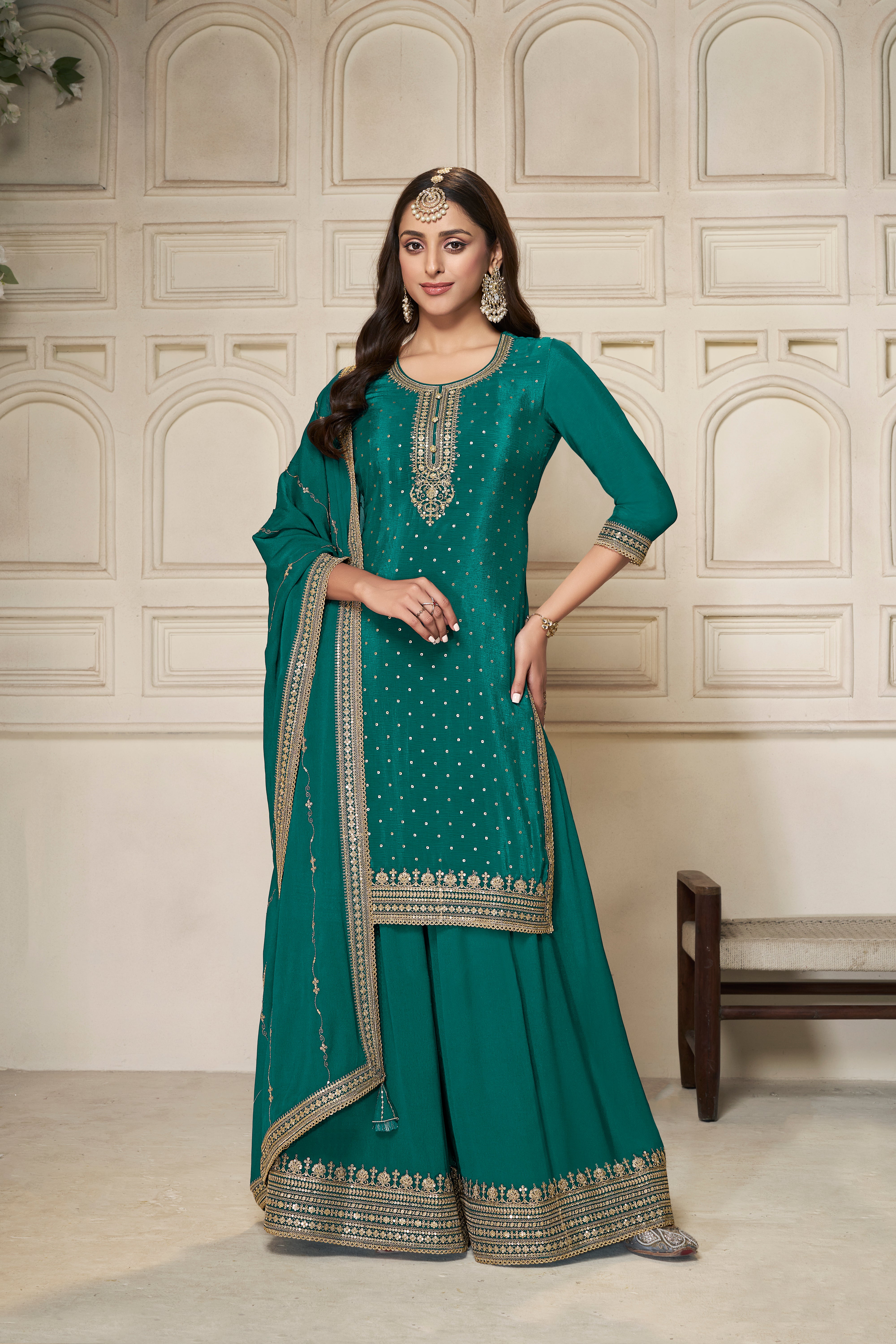 Teal Green Chinon Silk Kurta & Divider Sharara Set