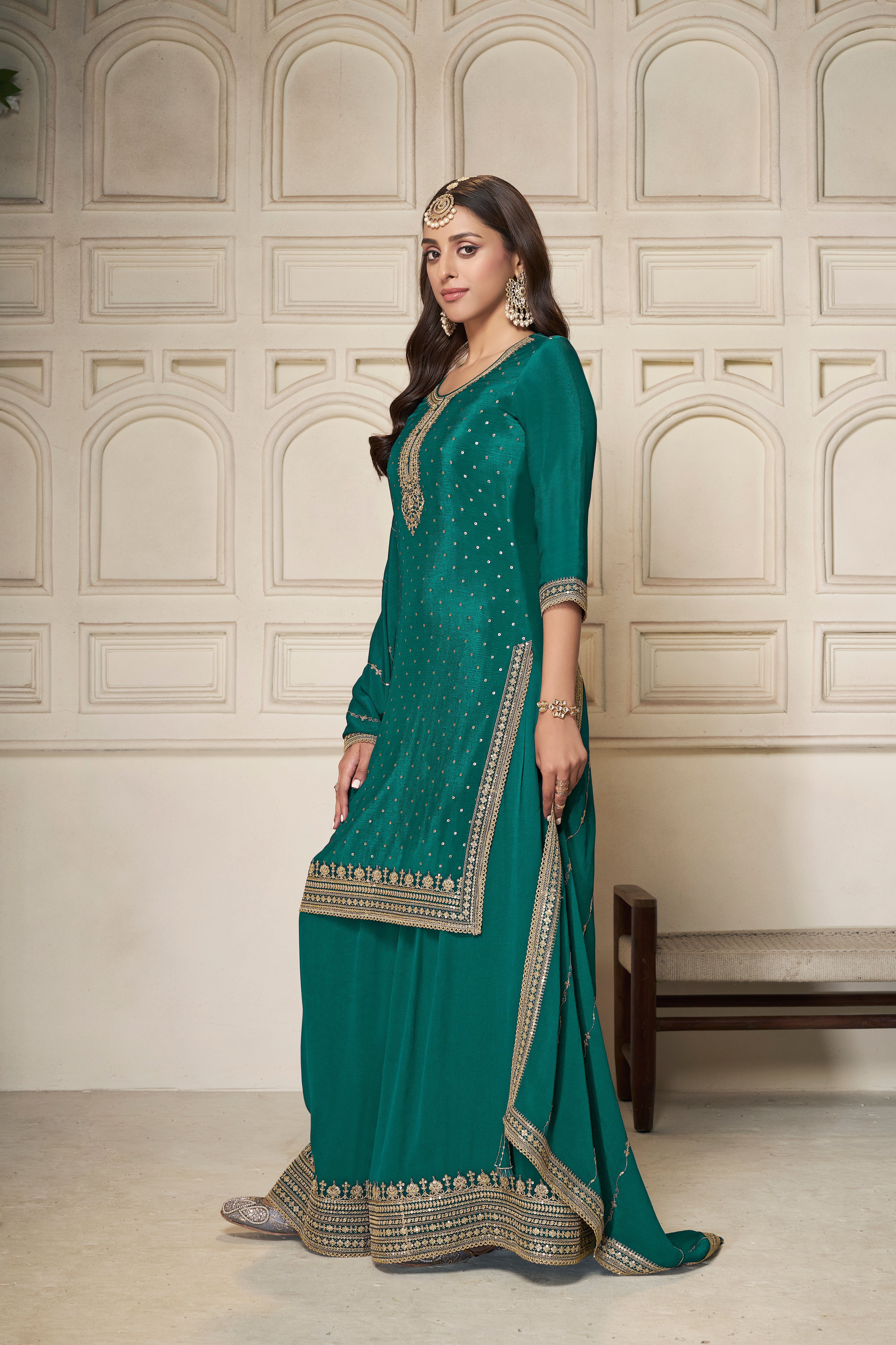 Teal Green Chinon Silk Kurta & Divider Sharara Set