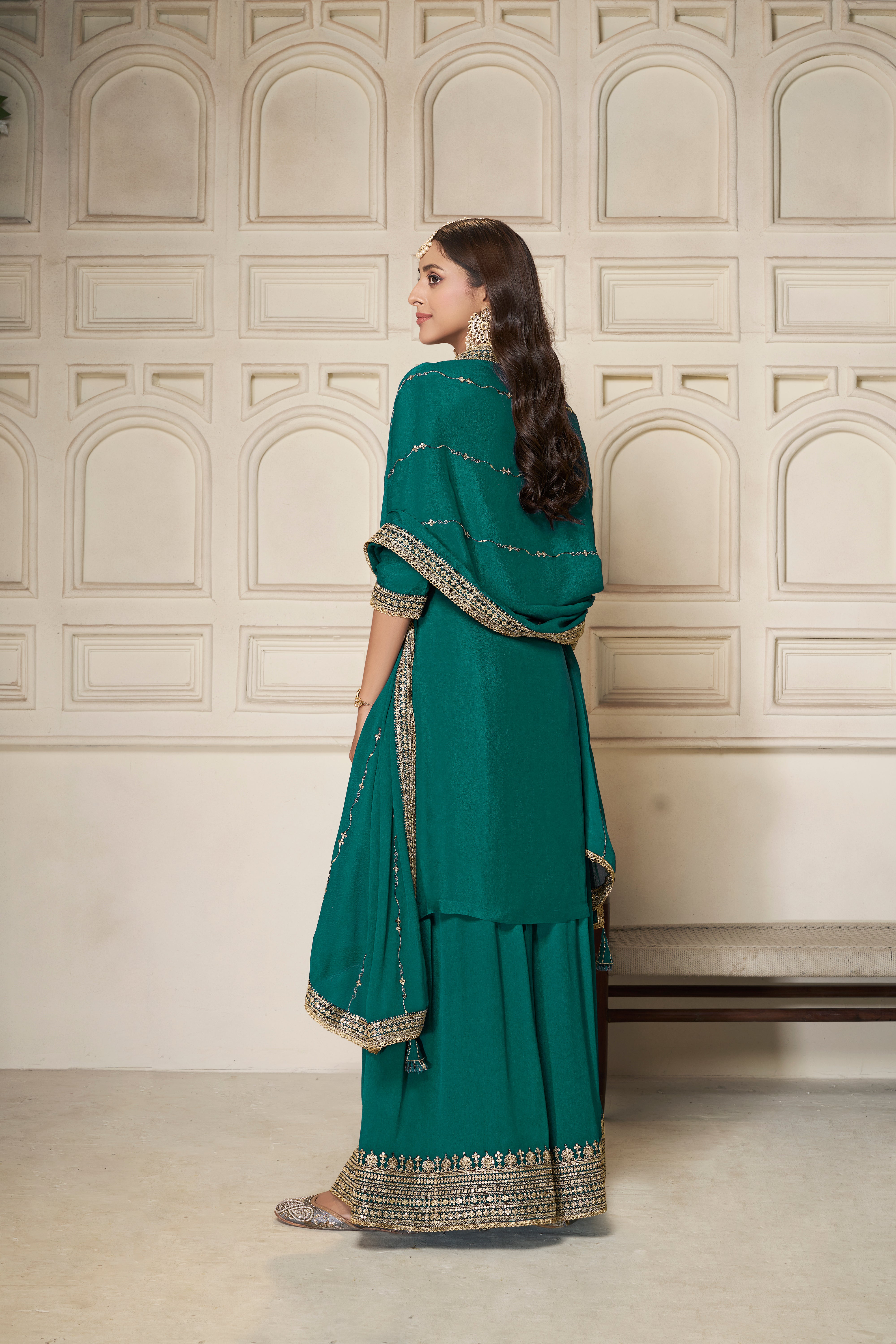 Teal Green Chinon Silk Kurta & Divider Sharara Set