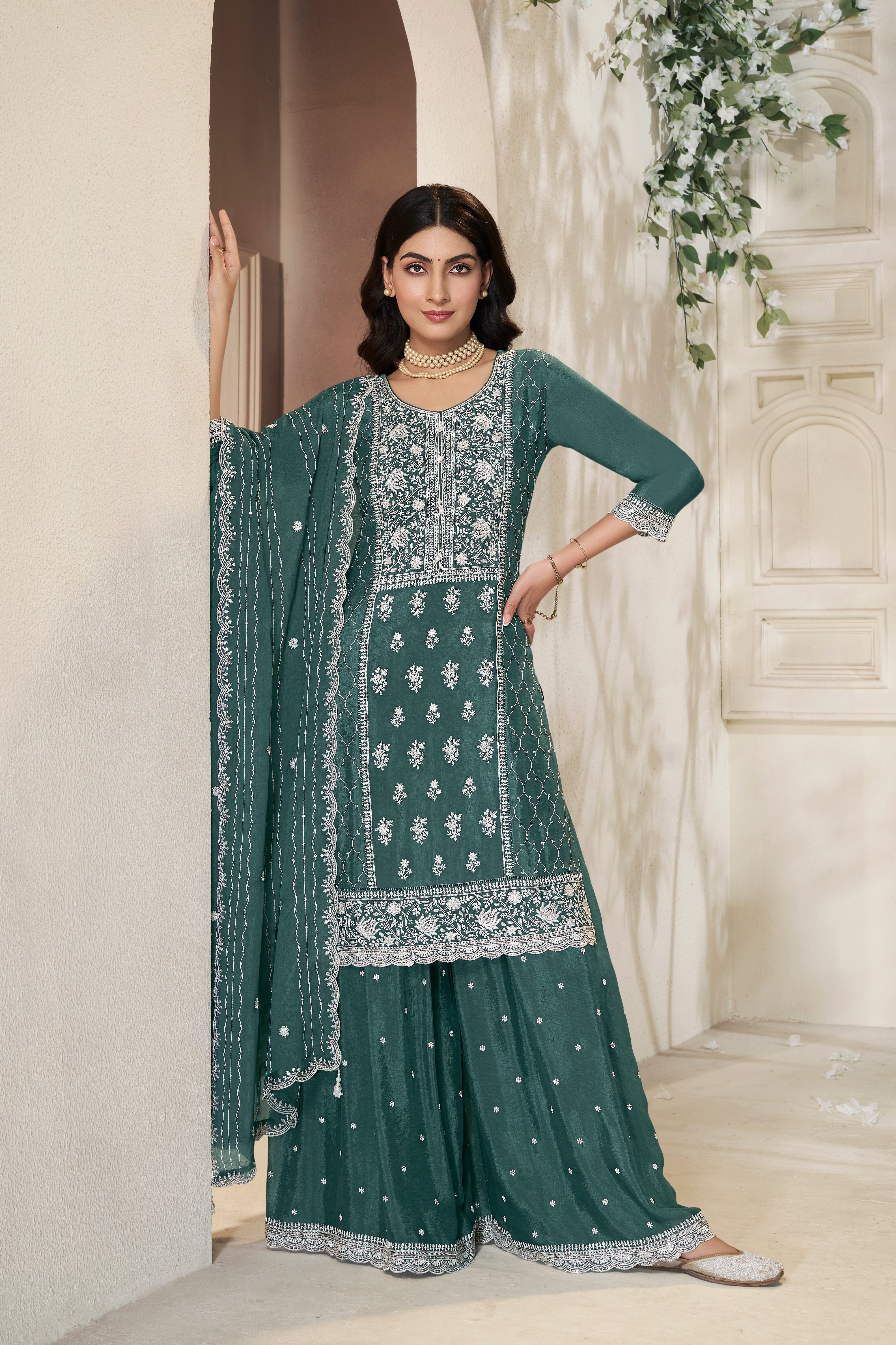 Shimmer Teal Chinon Silk Kurta & Palazzo Set