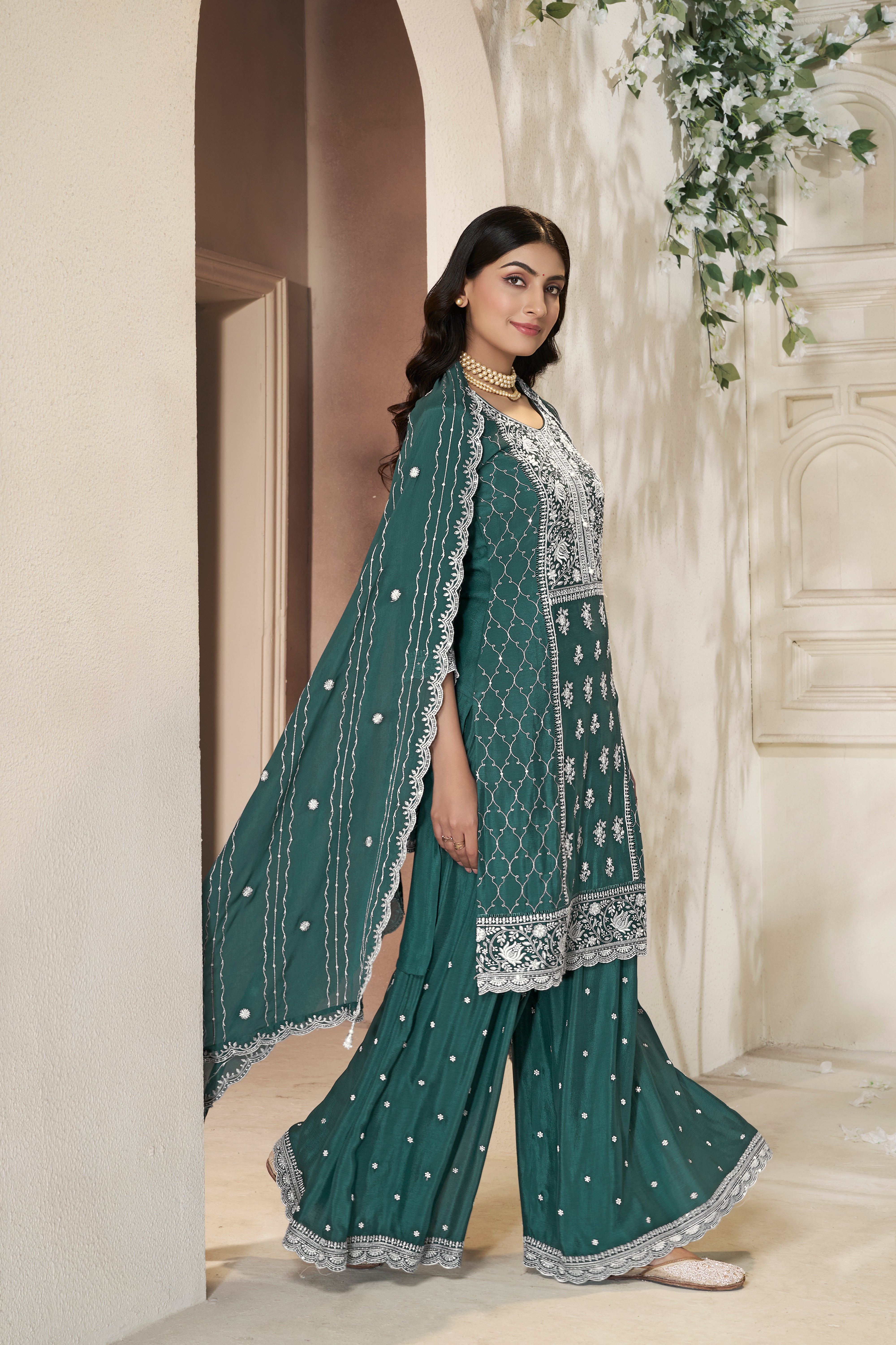Shimmer Teal Chinon Silk Kurta & Palazzo Set