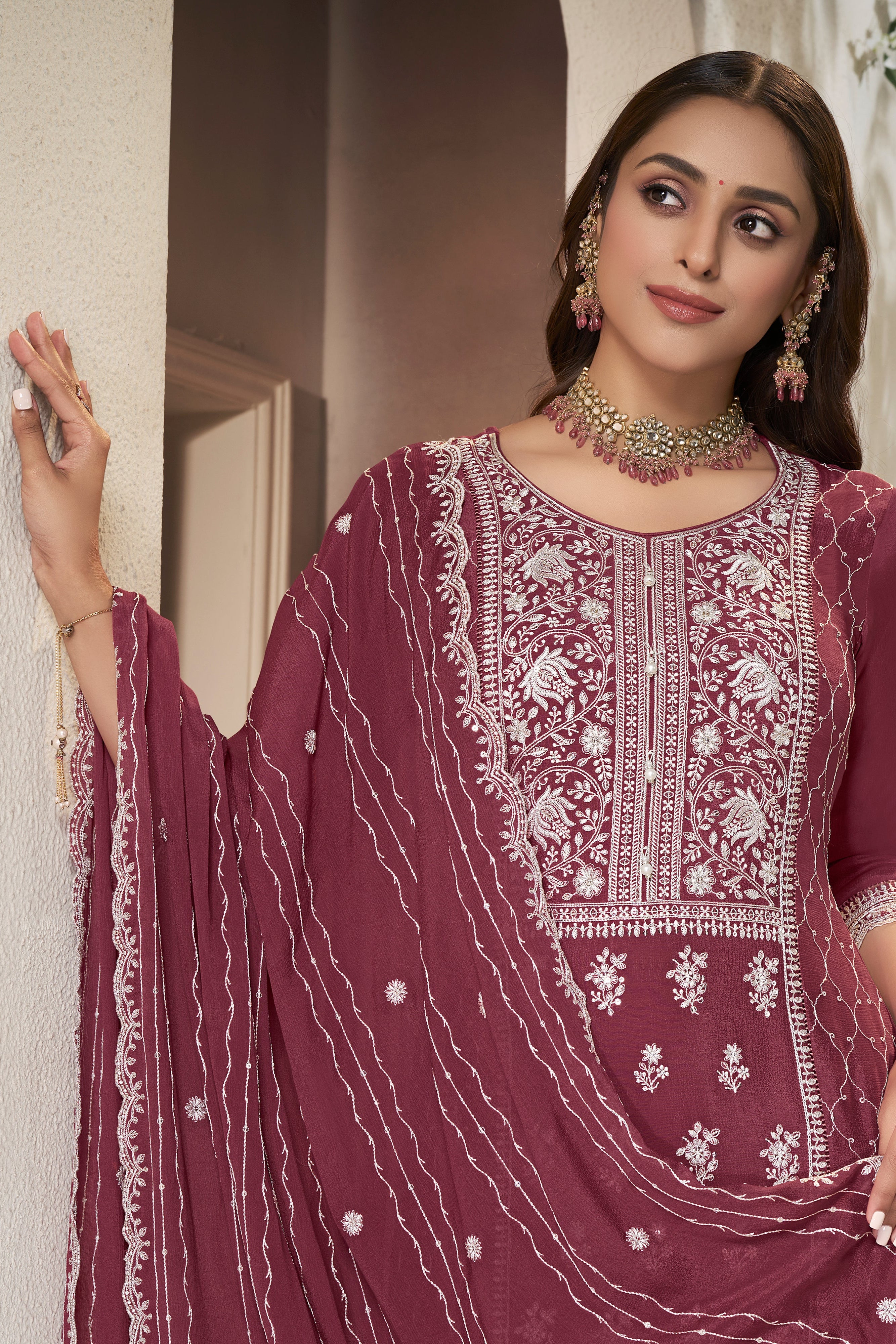 Shimmer Maroon Chinon Silk Kurta & Palazzo Set