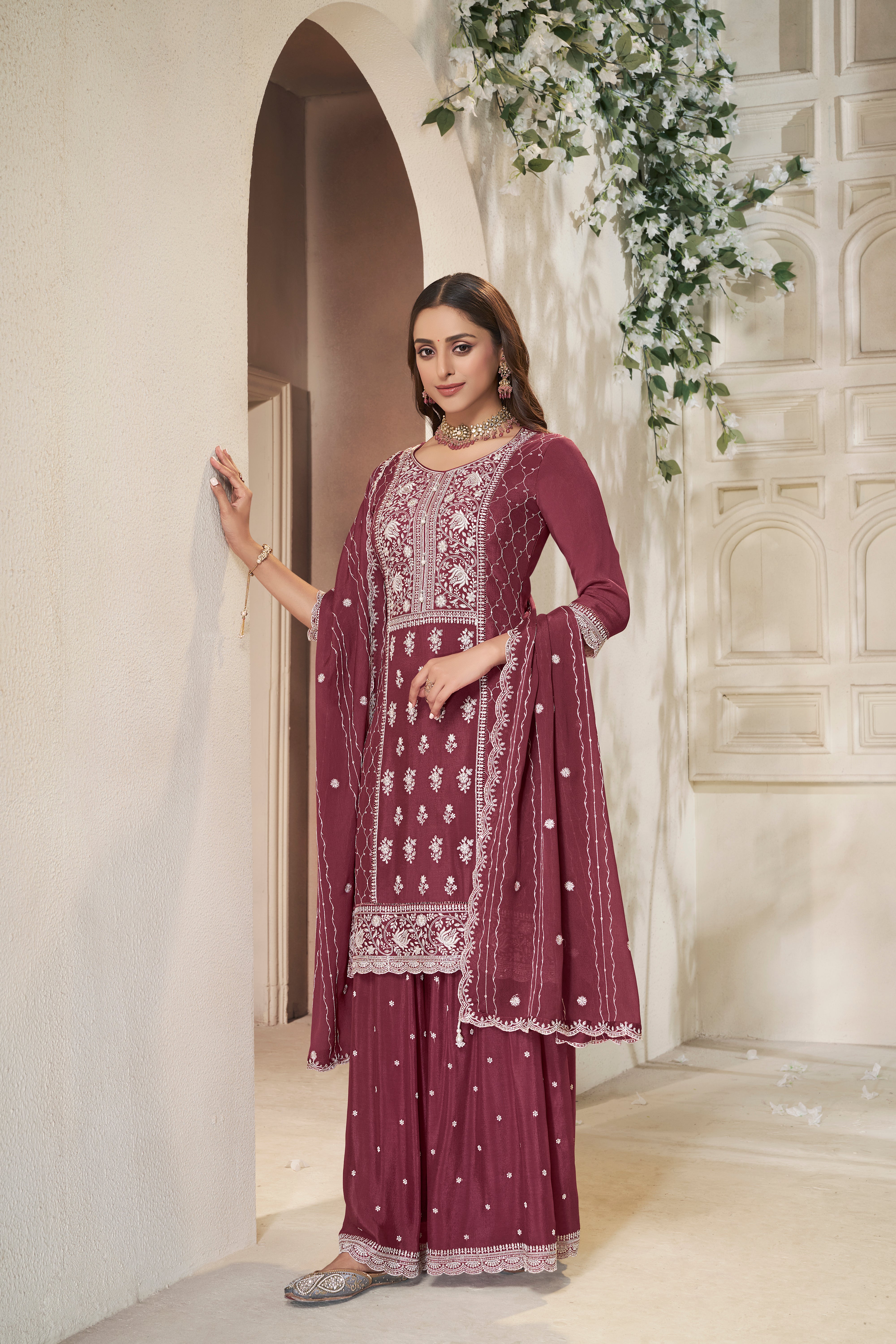 Shimmer Maroon Chinon Silk Kurta & Palazzo Set