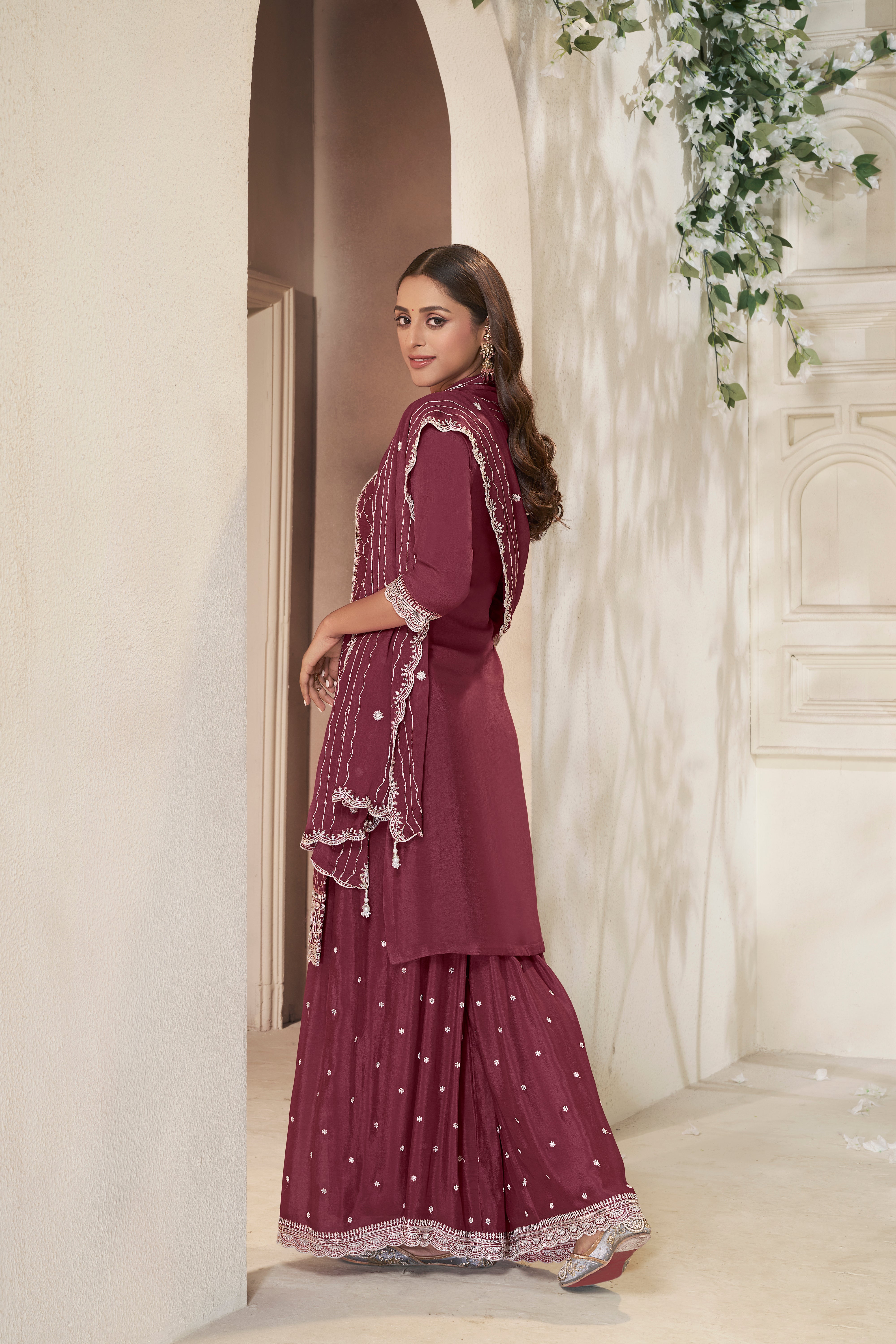 Shimmer Maroon Chinon Silk Kurta & Palazzo Set