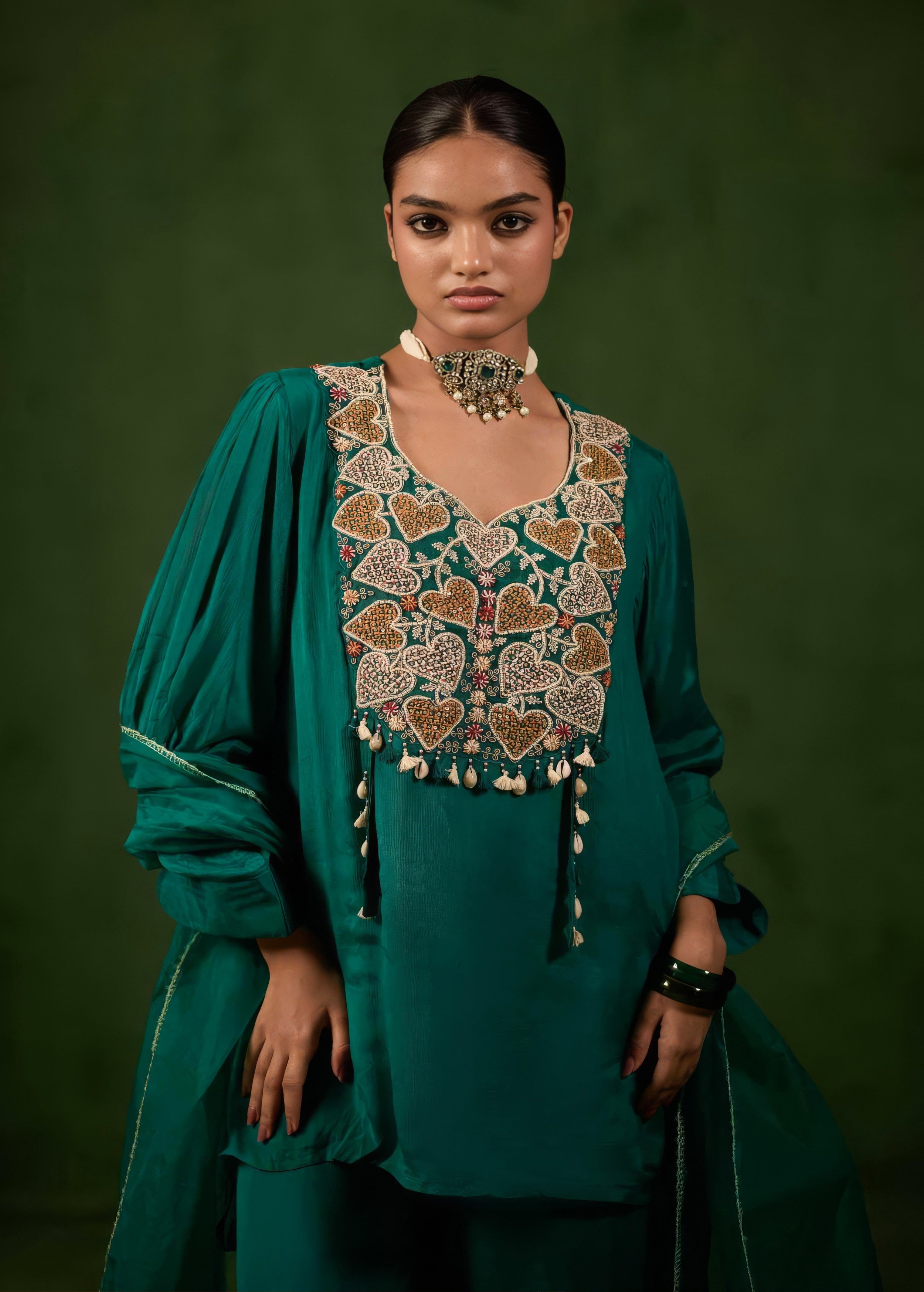 Teal Green Embellished Chinon Silk Palazzo Set