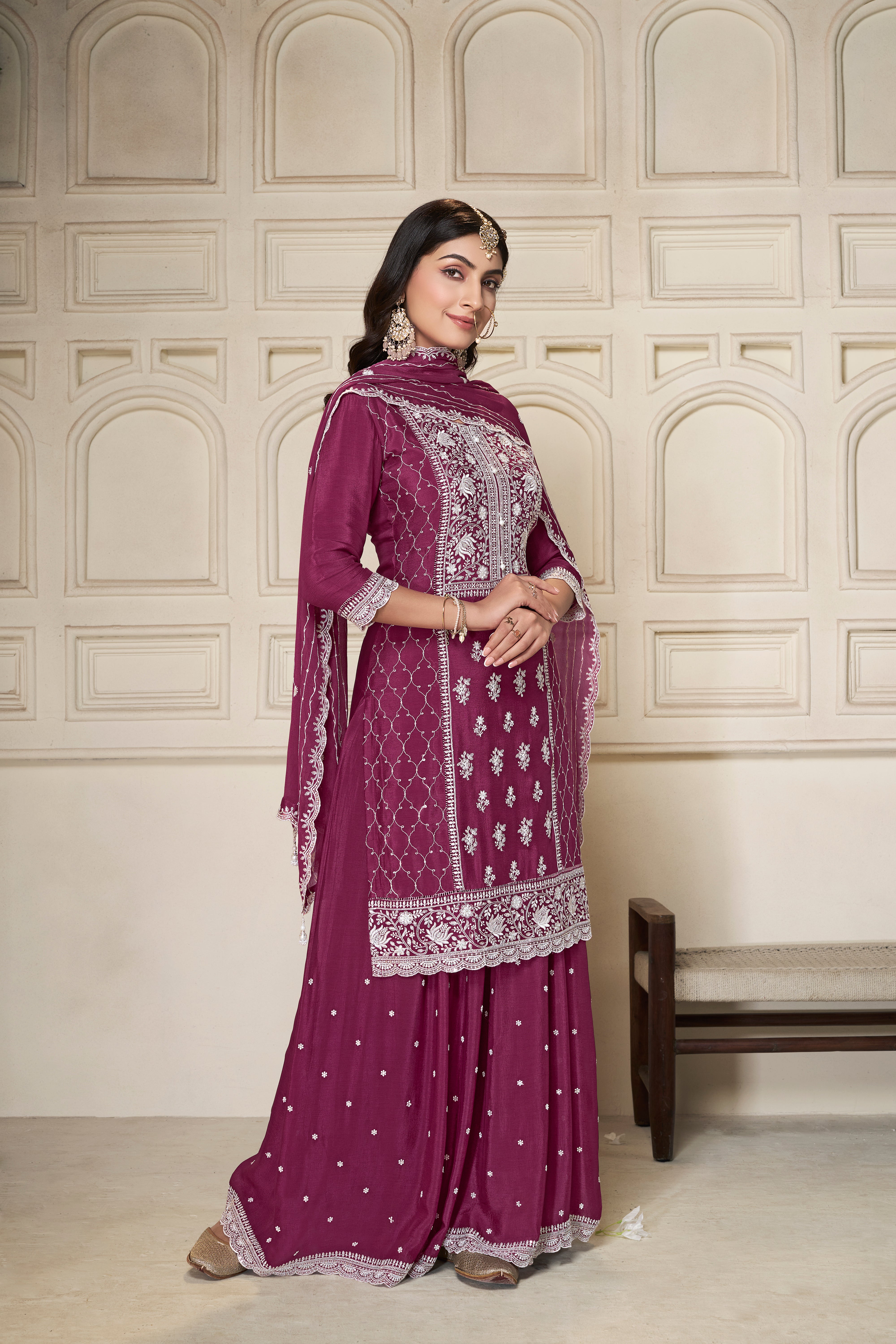 Shimmer Wine Chinon Silk Kurta & Palazzo Set