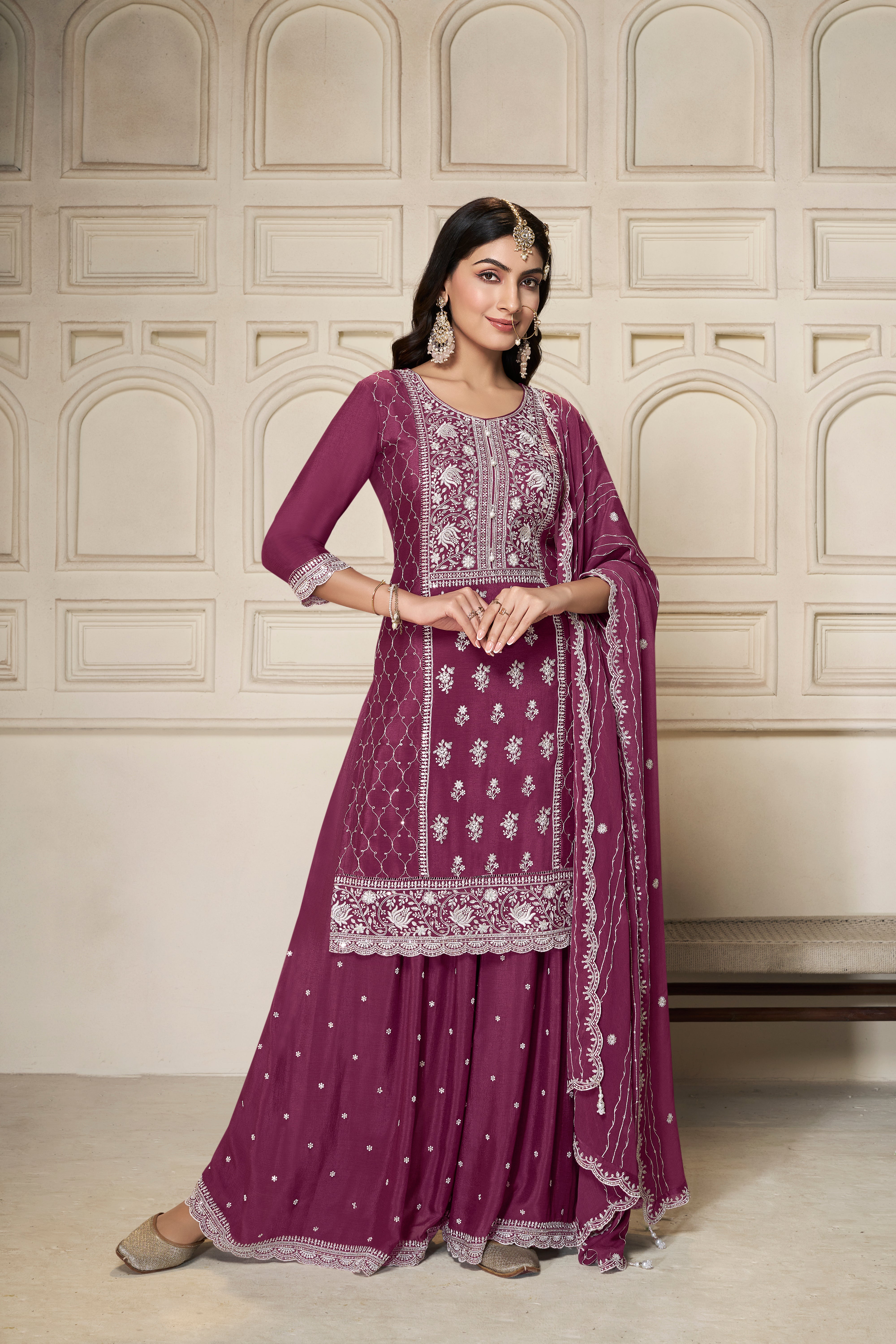 Shimmer Wine Chinon Silk Kurta & Palazzo Set