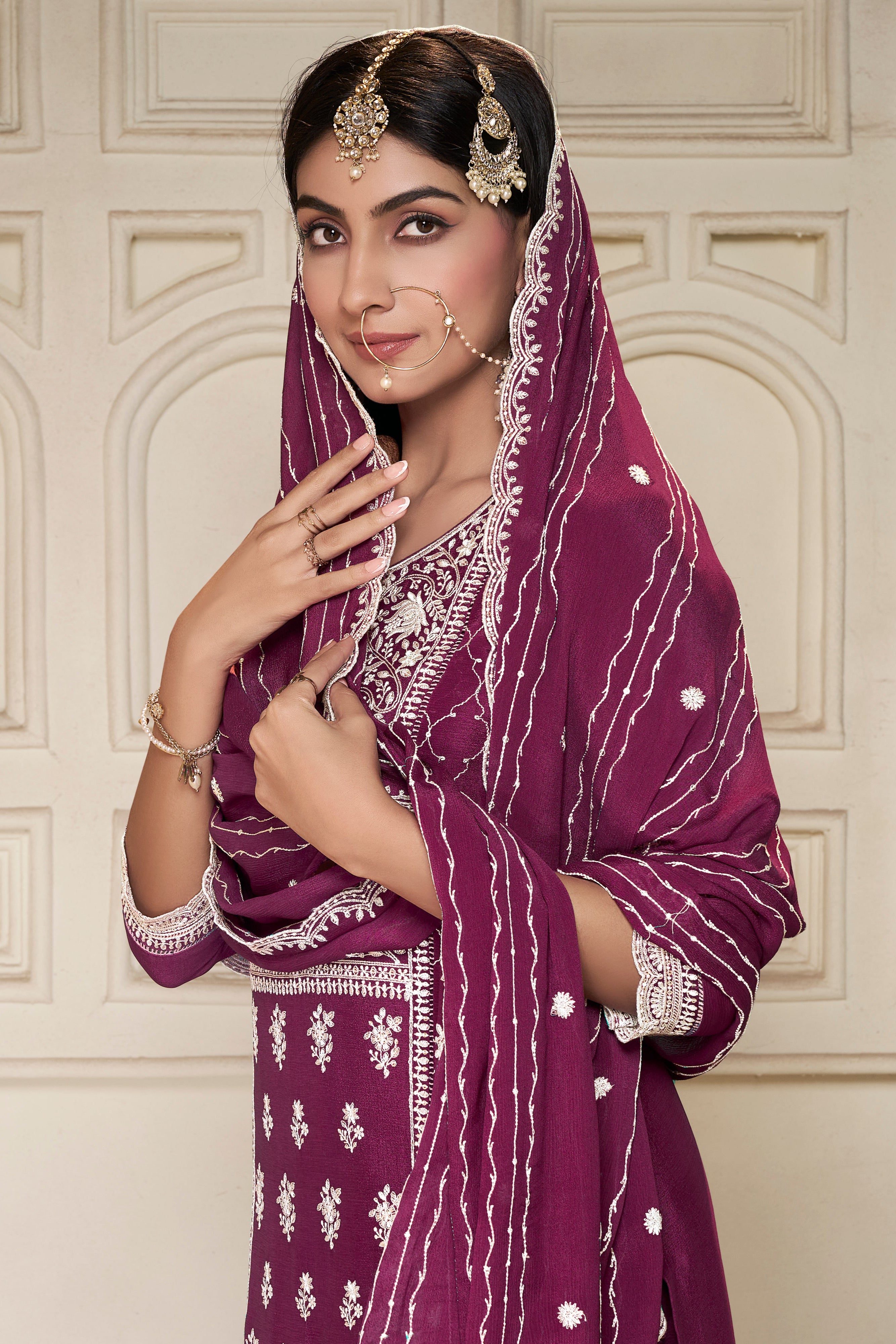 Shimmer Wine Chinon Silk Kurta & Palazzo Set
