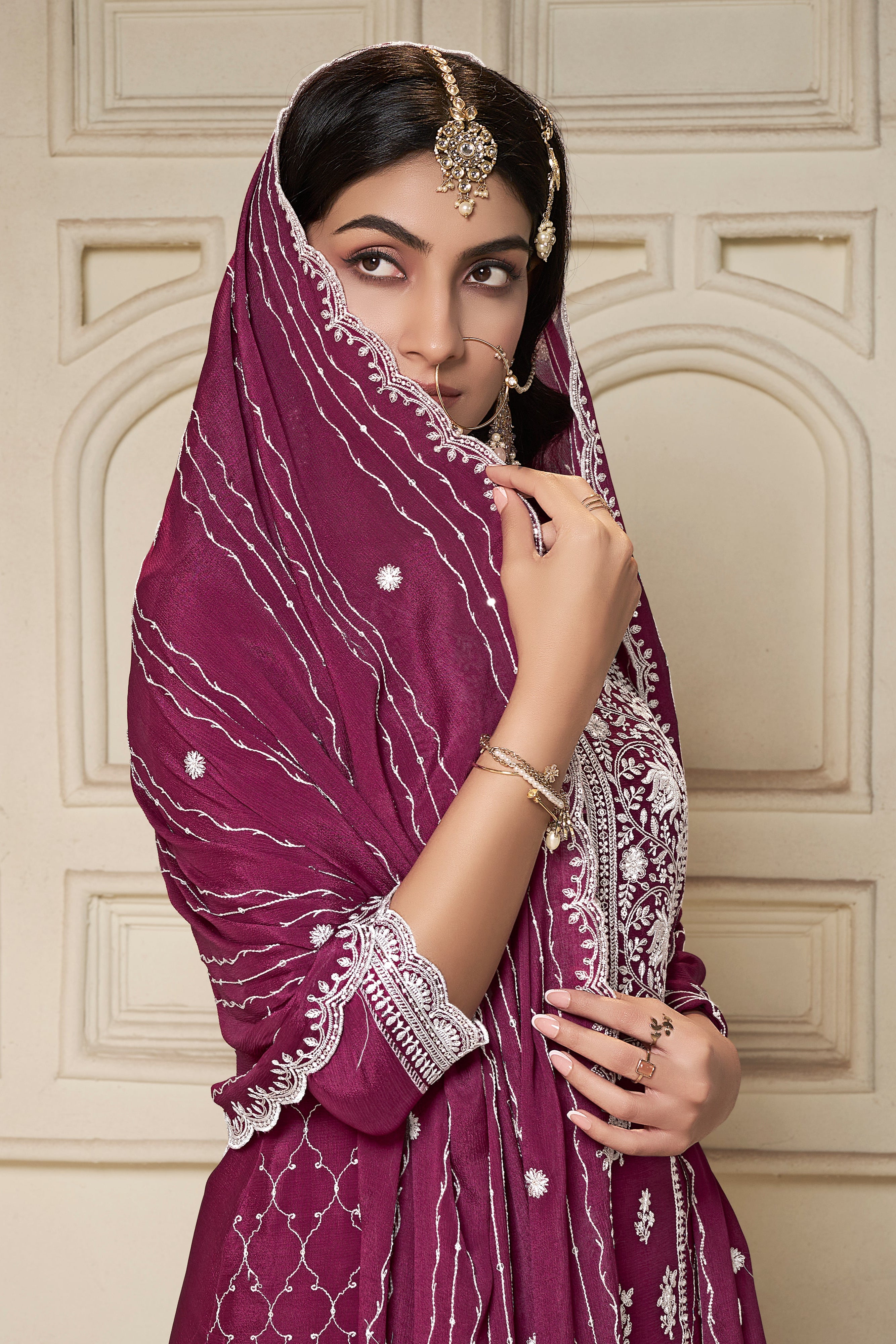 Shimmer Wine Chinon Silk Kurta & Palazzo Set