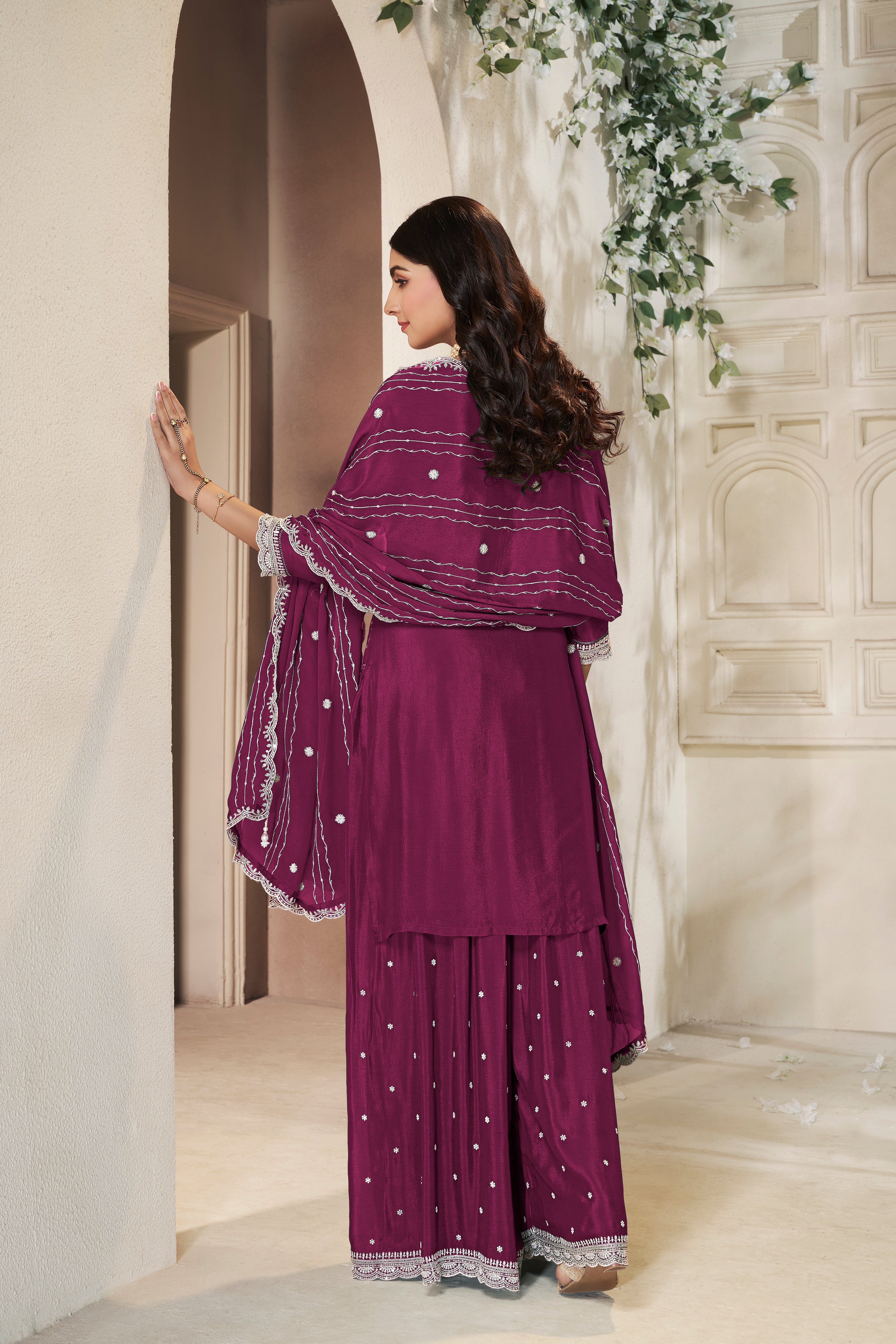 Shimmer Wine Chinon Silk Kurta & Palazzo Set