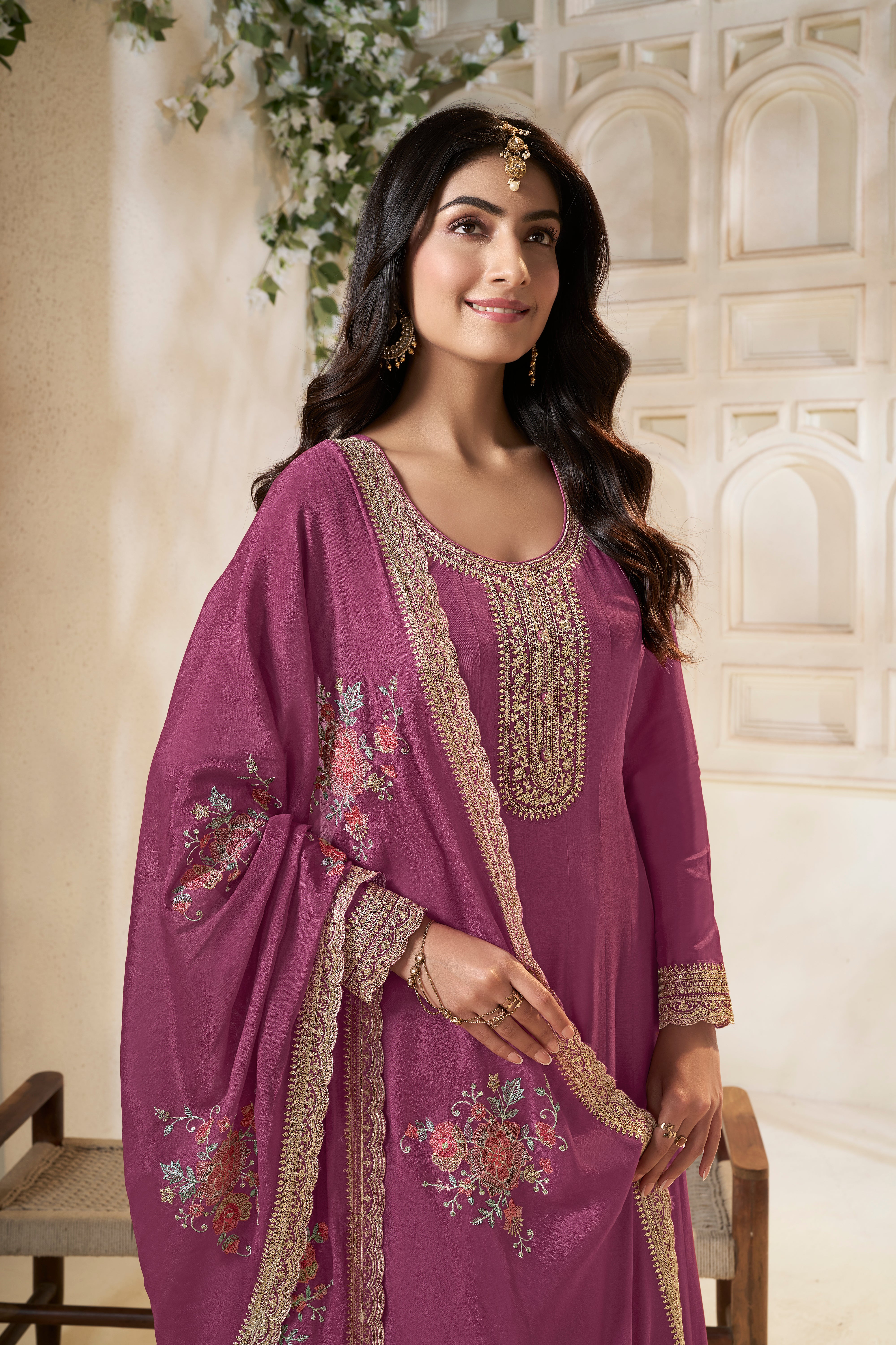 Wine Pink Dola Silk Anarkali Set