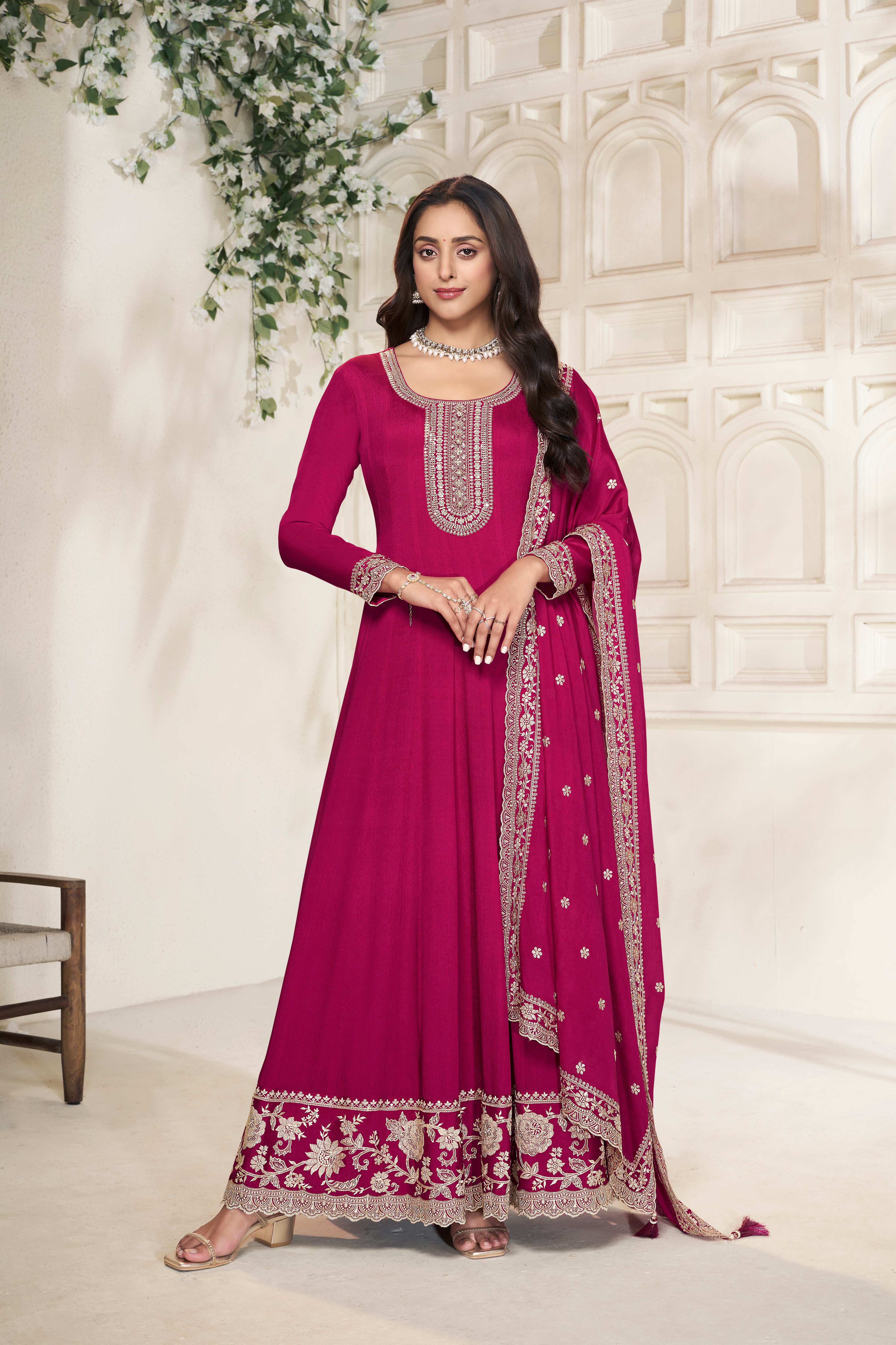 Deep Pink Embroidered Anarkali Set