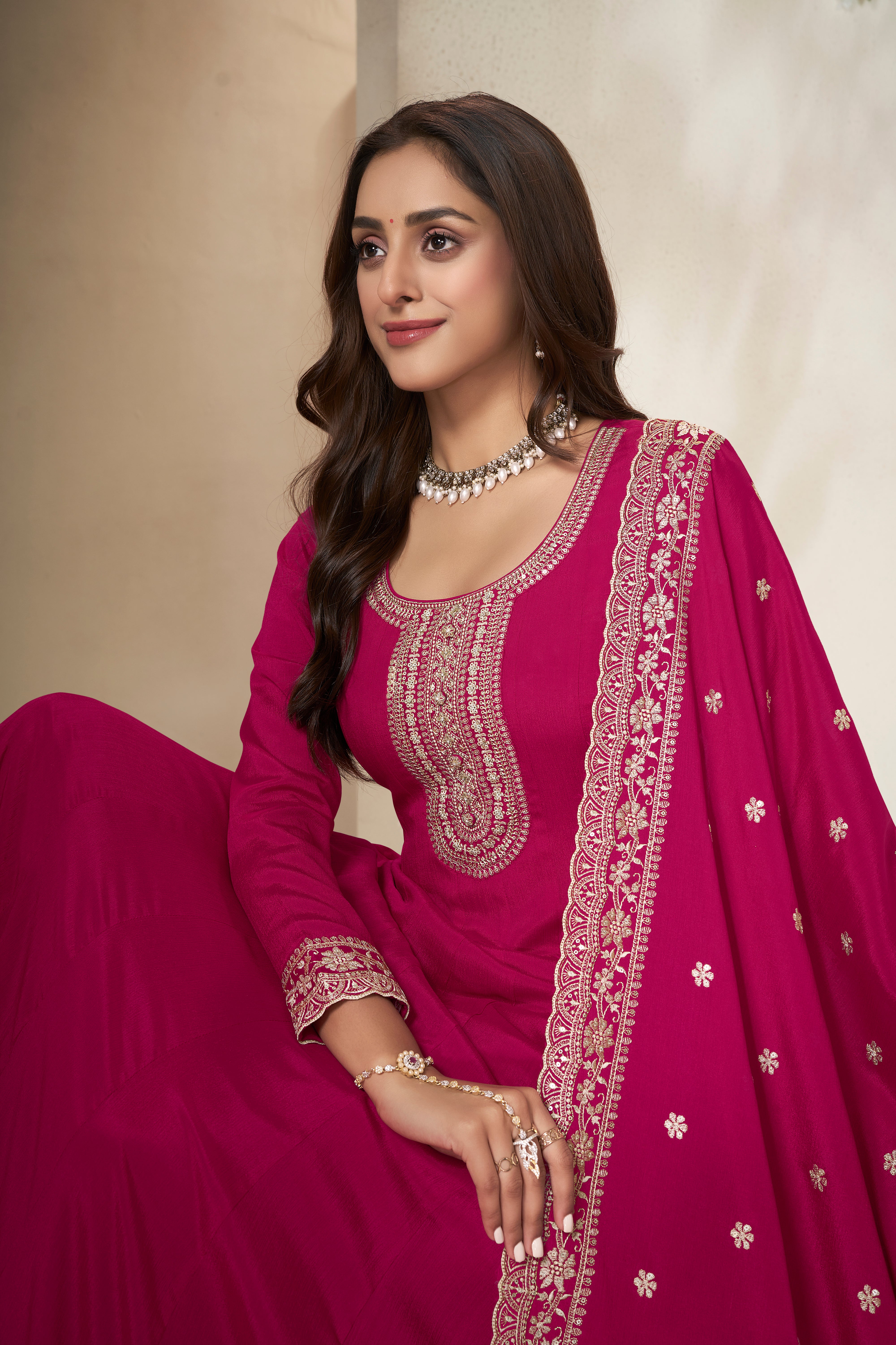 Deep Pink Embroidered Anarkali Set