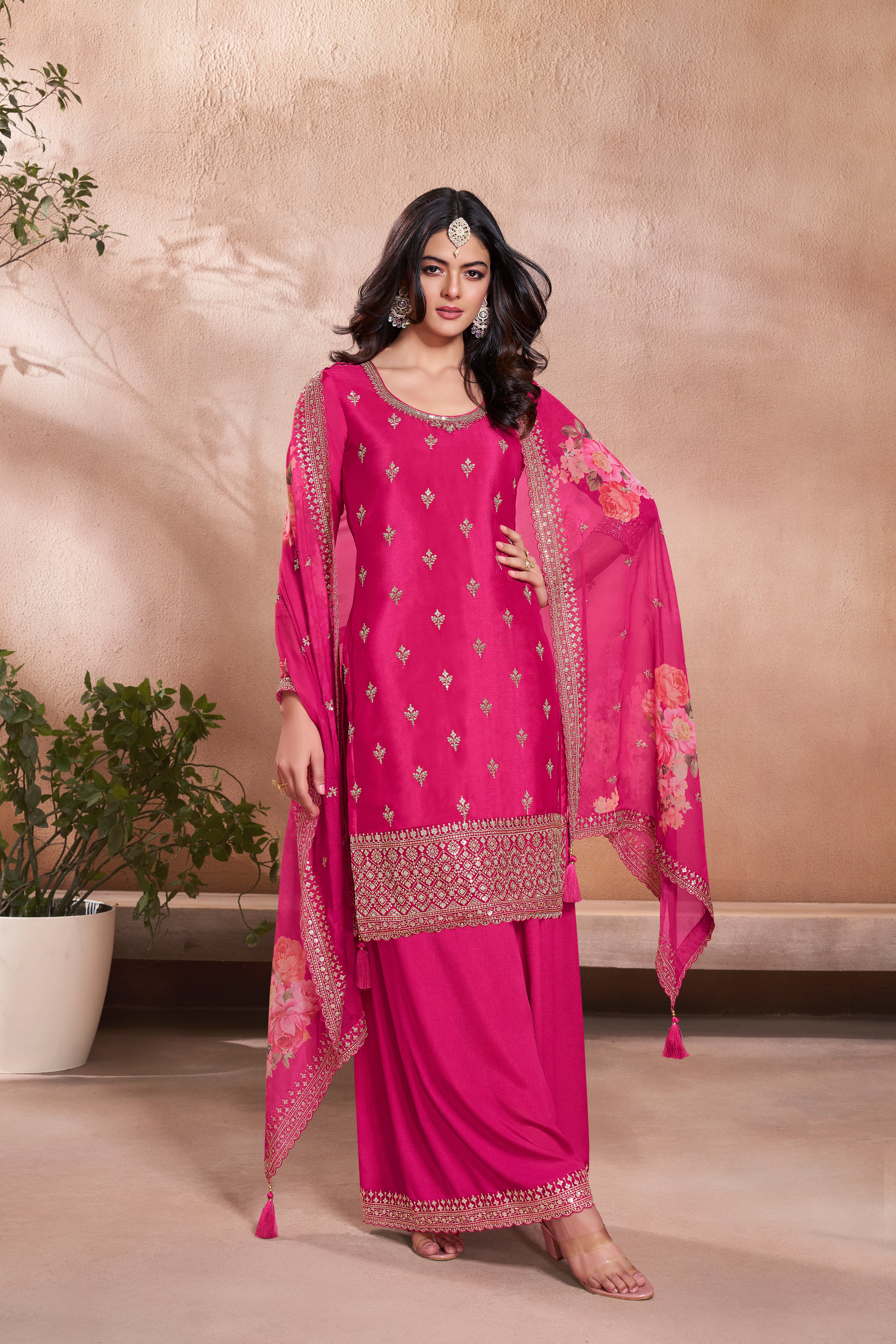 Pink Embellished Chinon Silk Kurta & Palazzo Set