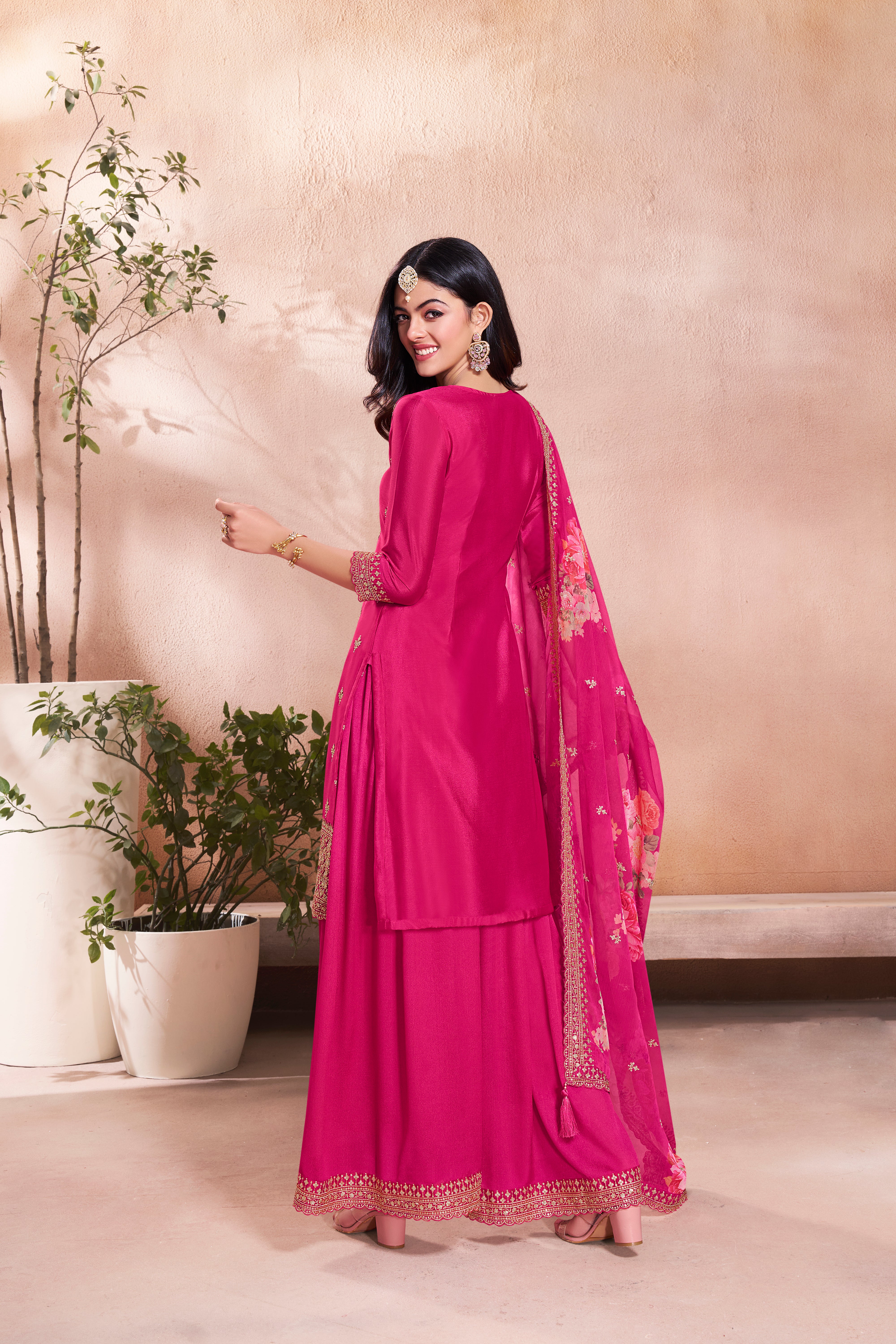 Pink Embellished Chinon Silk Kurta & Palazzo Set
