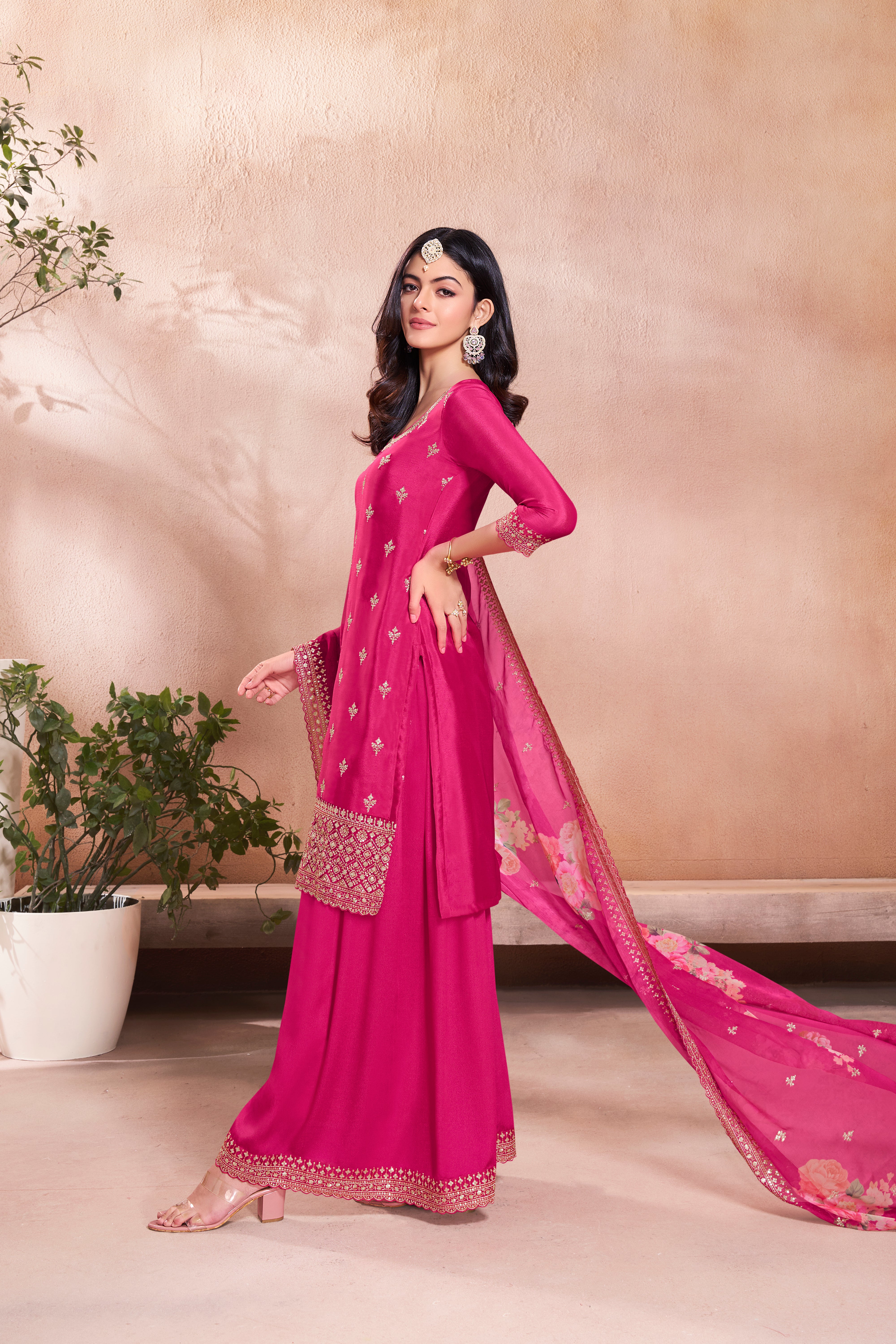 Pink Embellished Chinon Silk Kurta & Palazzo Set