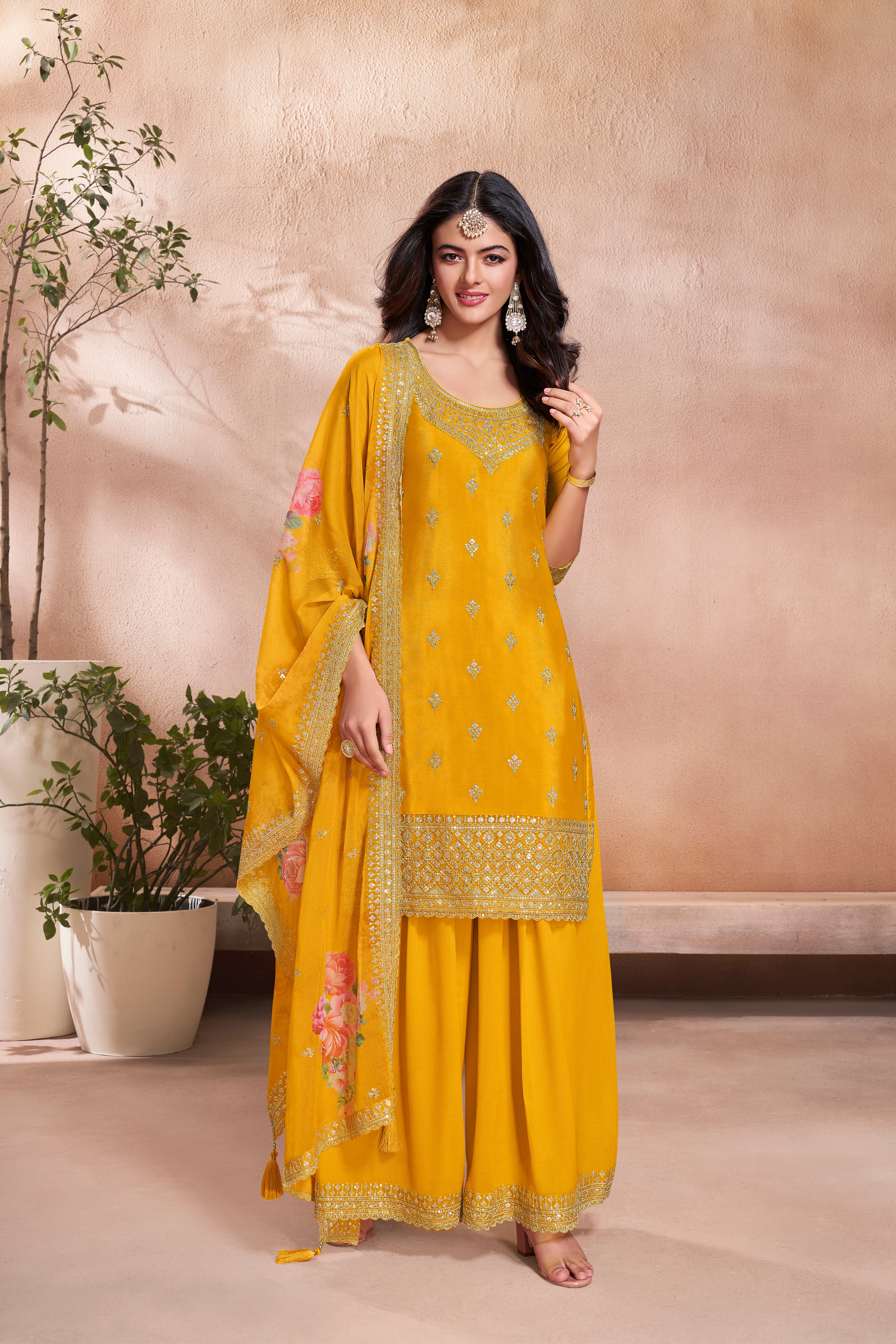 Yellow Chinon Silk Kurta & Palazzo Set