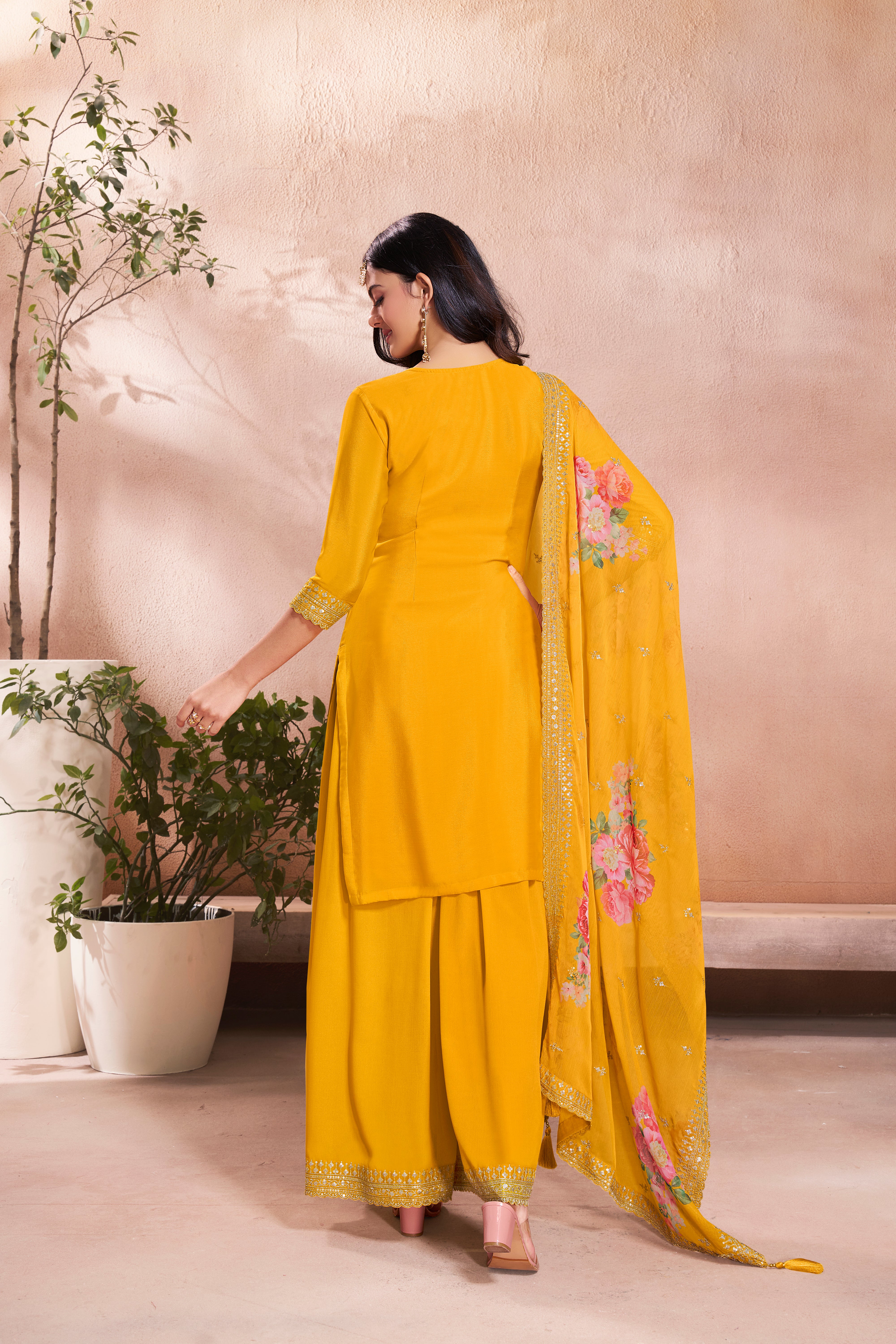 Yellow Chinon Silk Kurta & Palazzo Set