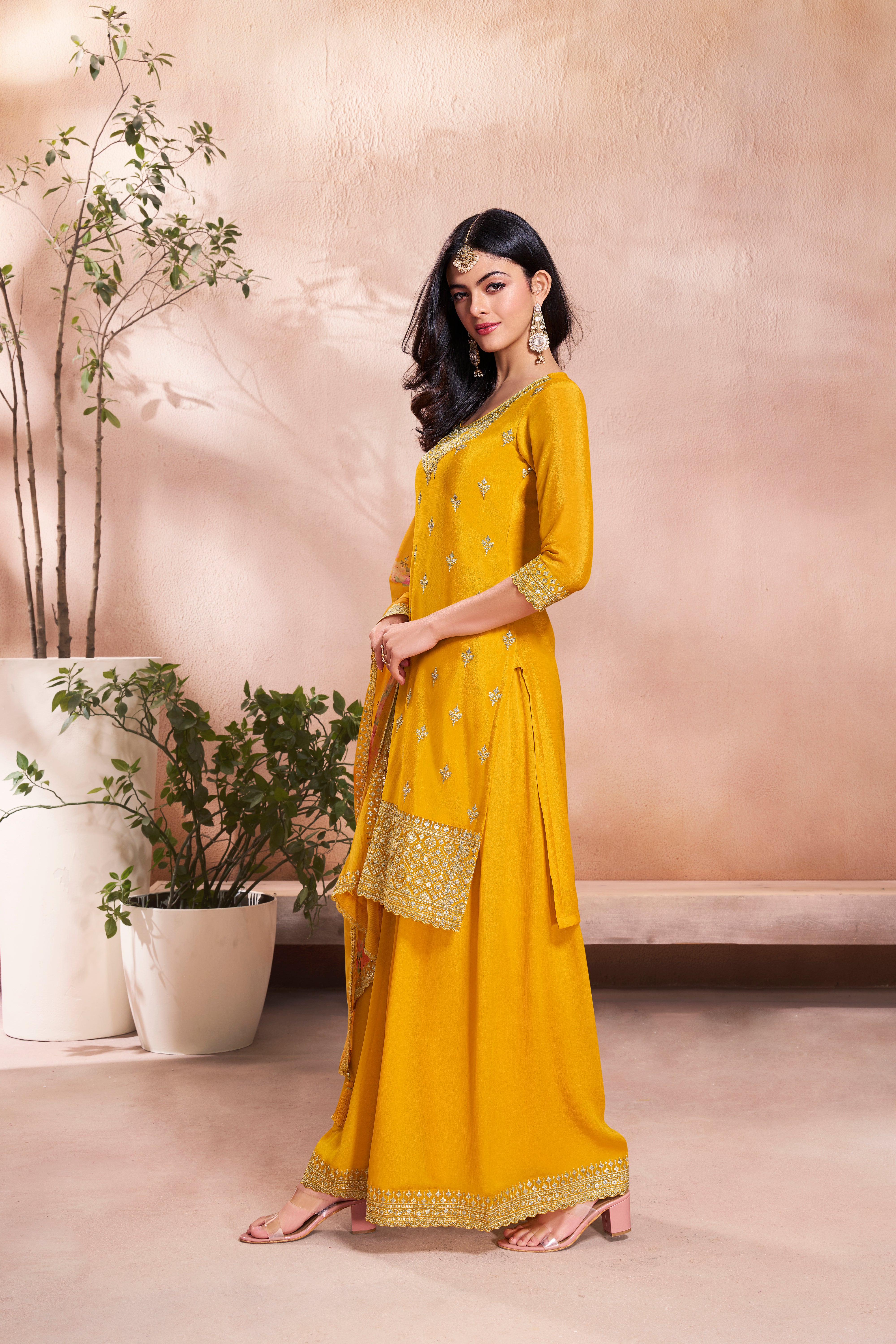 Yellow Chinon Silk Kurta & Palazzo Set