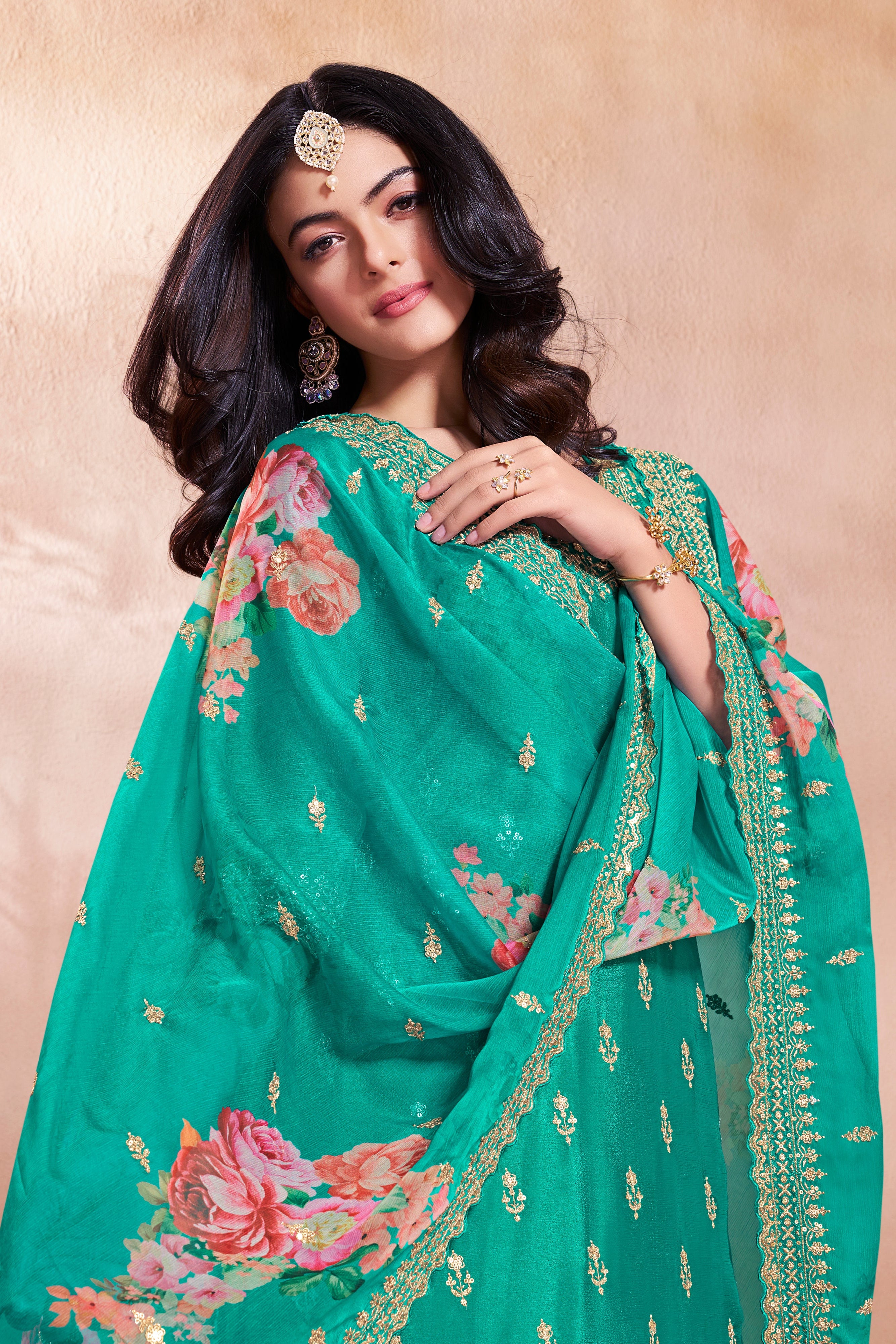 Turquoise Chinon Silk Kurta & Palazzo Set