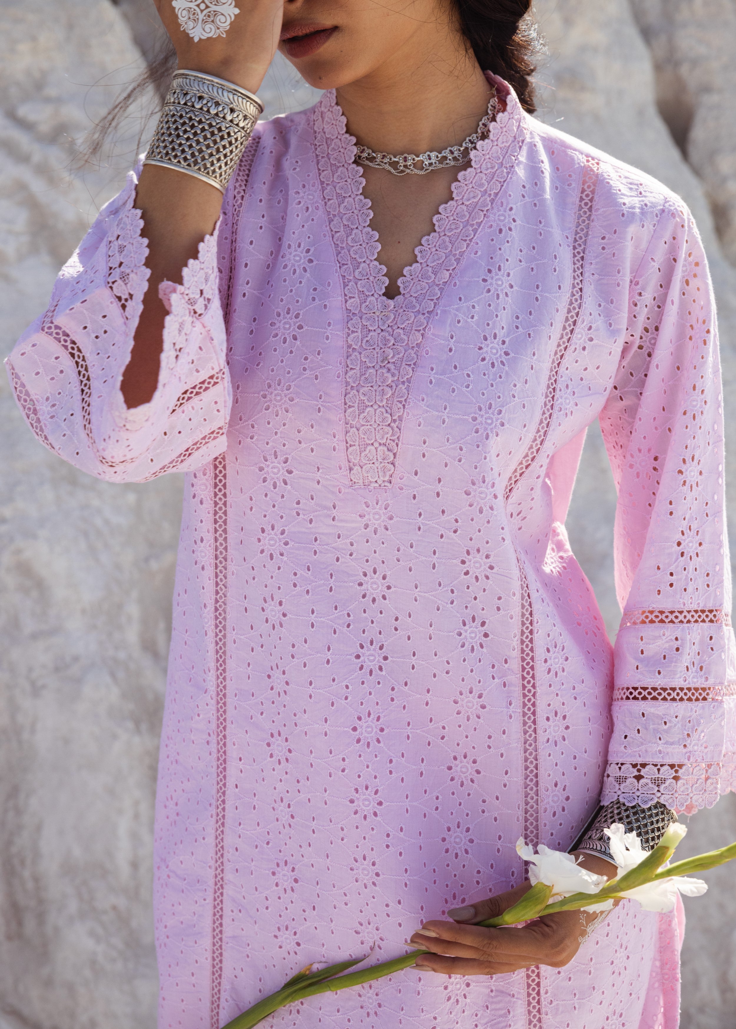 Rose Pink Embroidered Organic Cotton Kurta Set