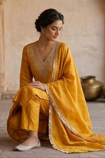 Mustard Yellow Tissue Silk Anarkali Suit Set