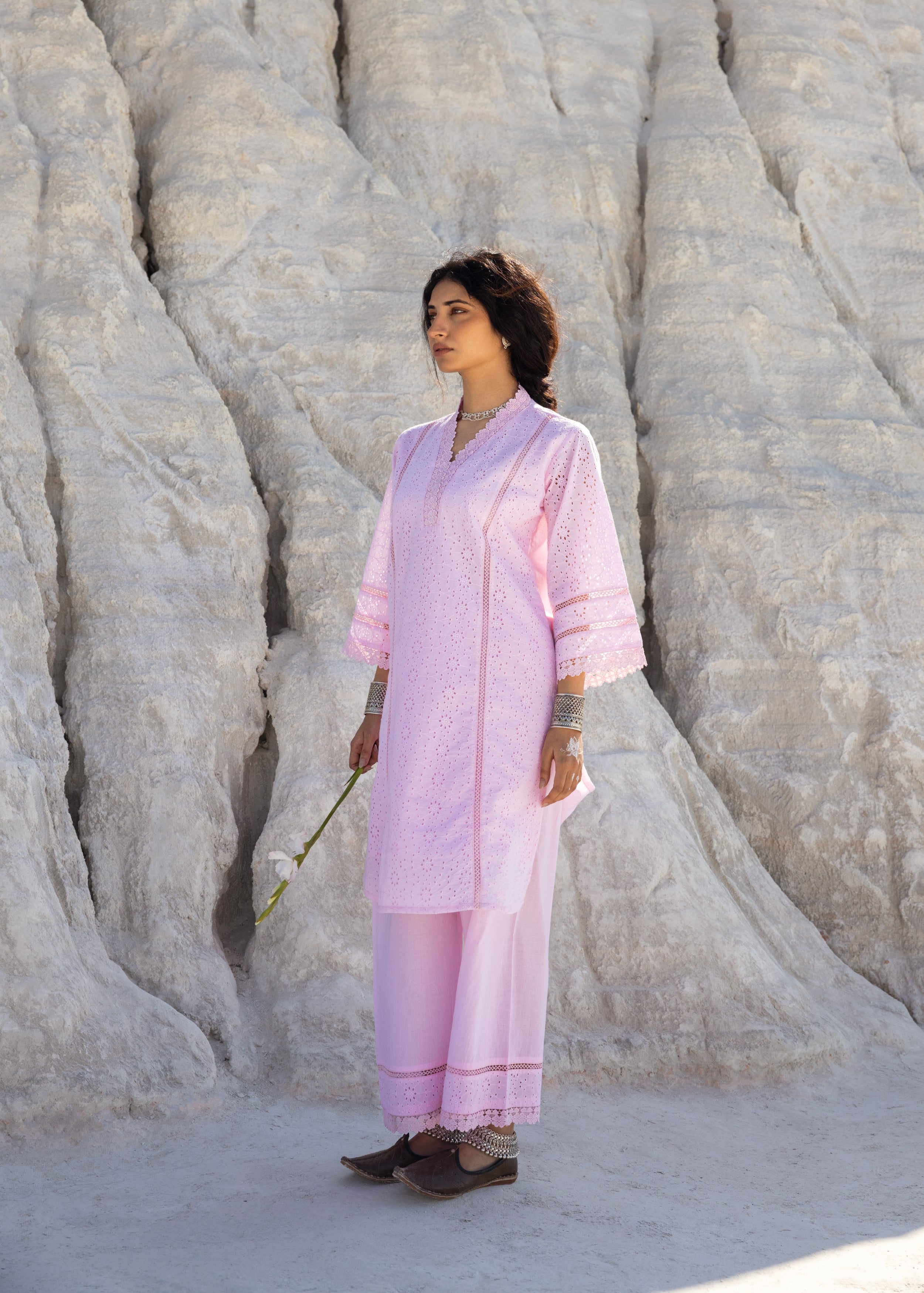 Rose Pink Embroidered Organic Cotton Kurta Set