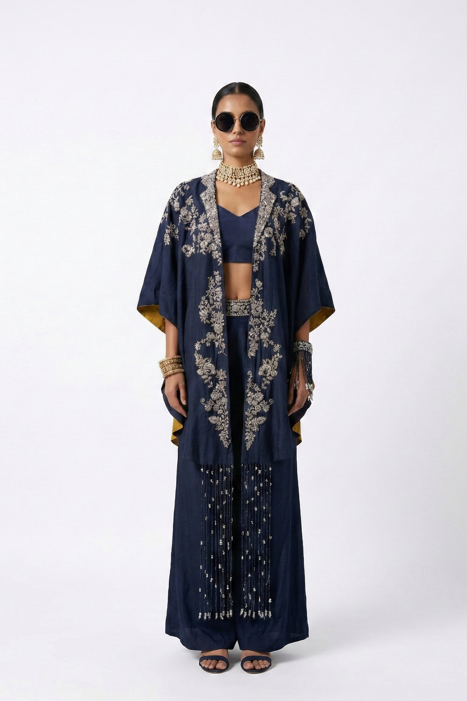 Midnight Blue Embroidered Dola Silk Cape Set