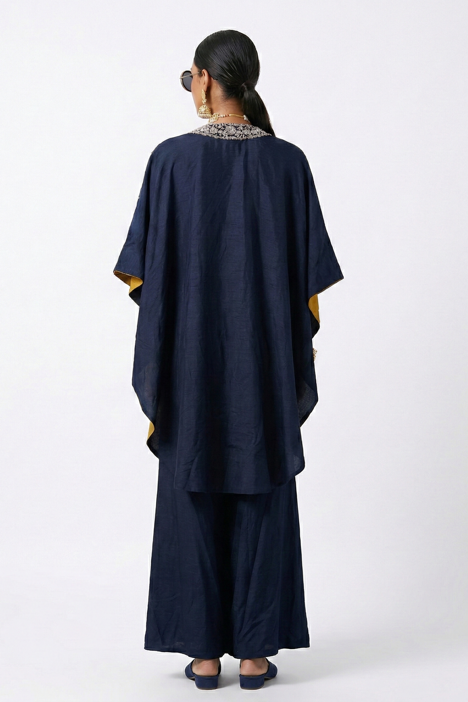Midnight Blue Embroidered Dola Silk Cape Set