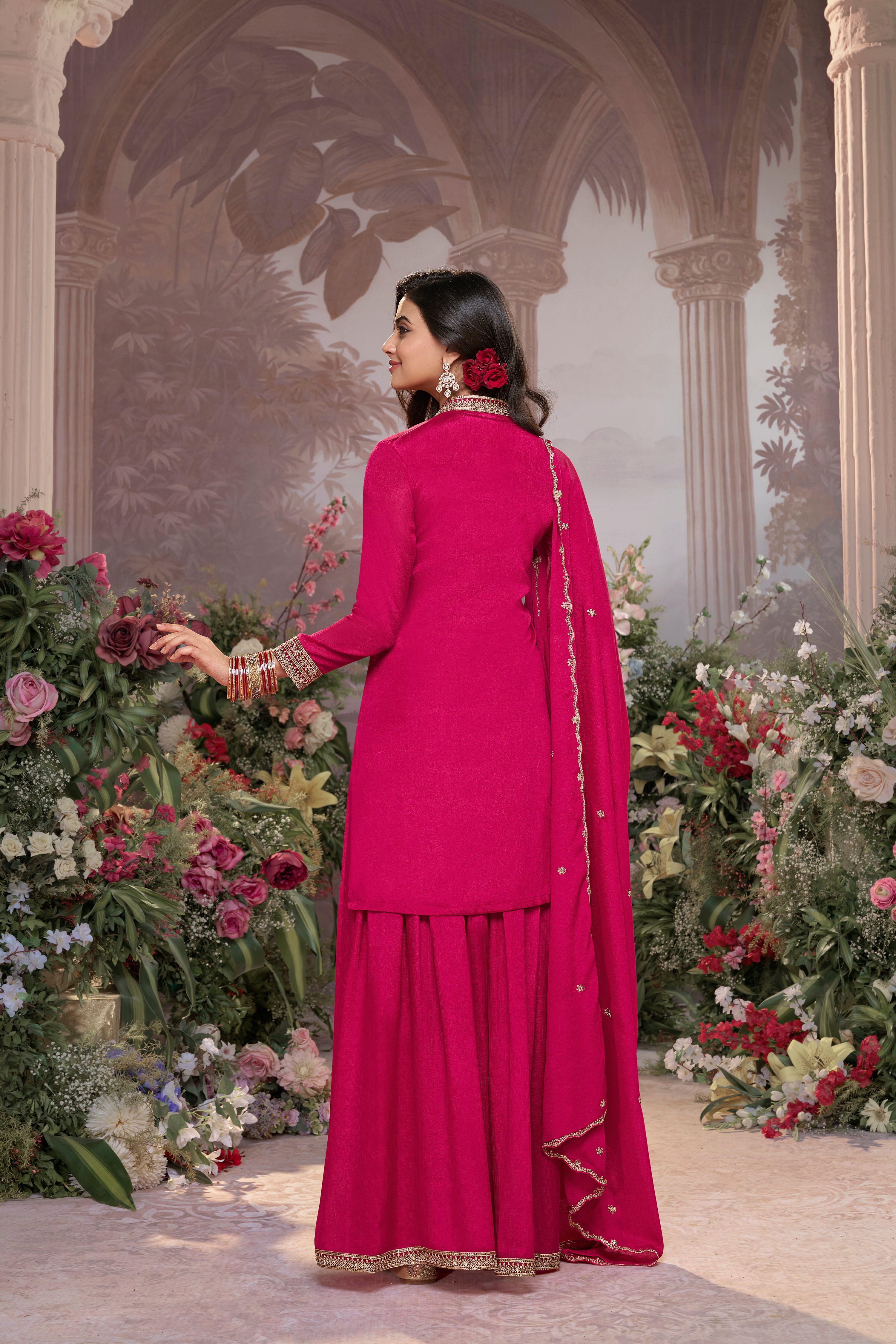 Deep Pink Embellished Brocade Silk Palazzo Set