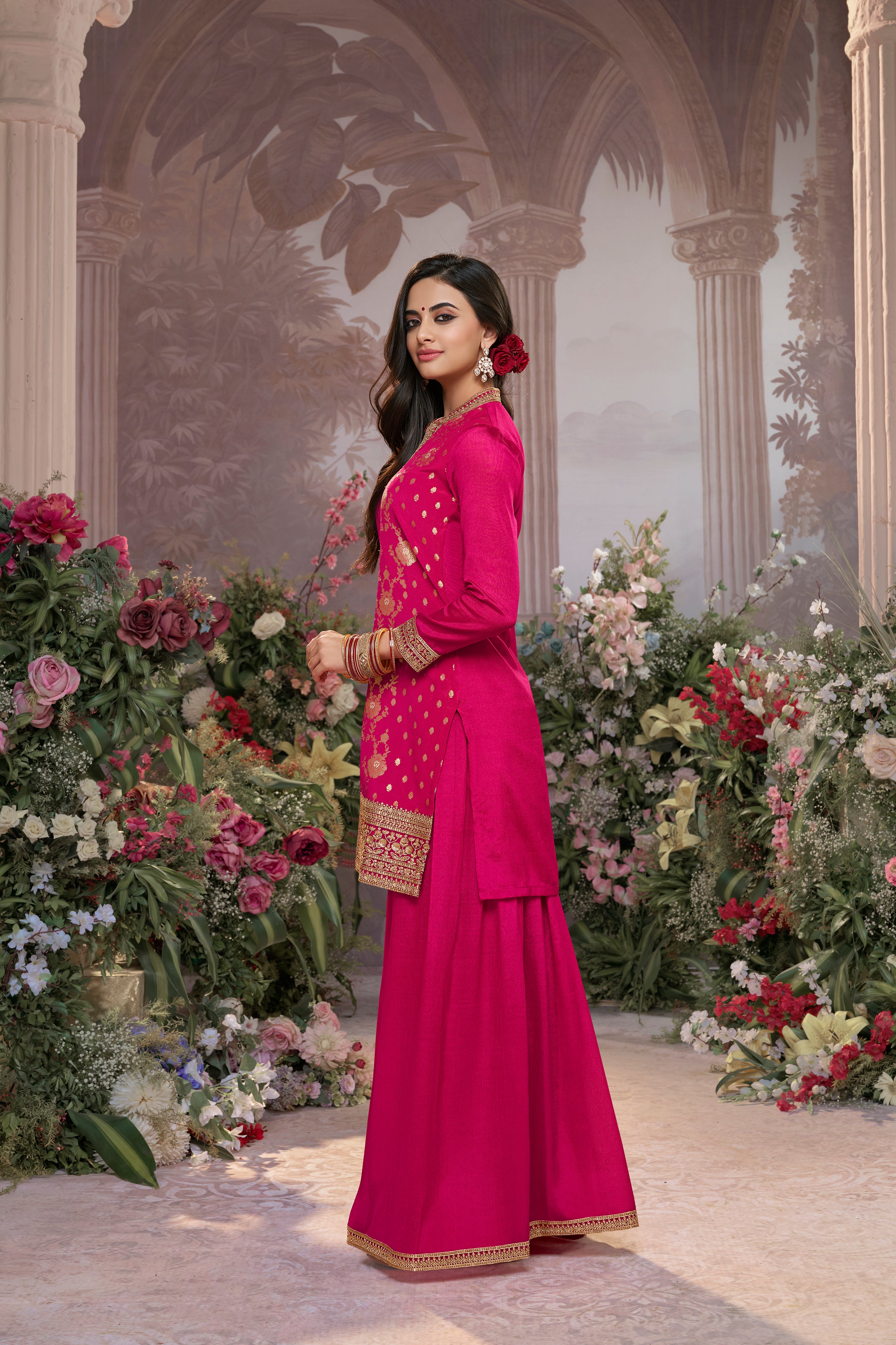Deep Pink Embellished Brocade Silk Palazzo Set