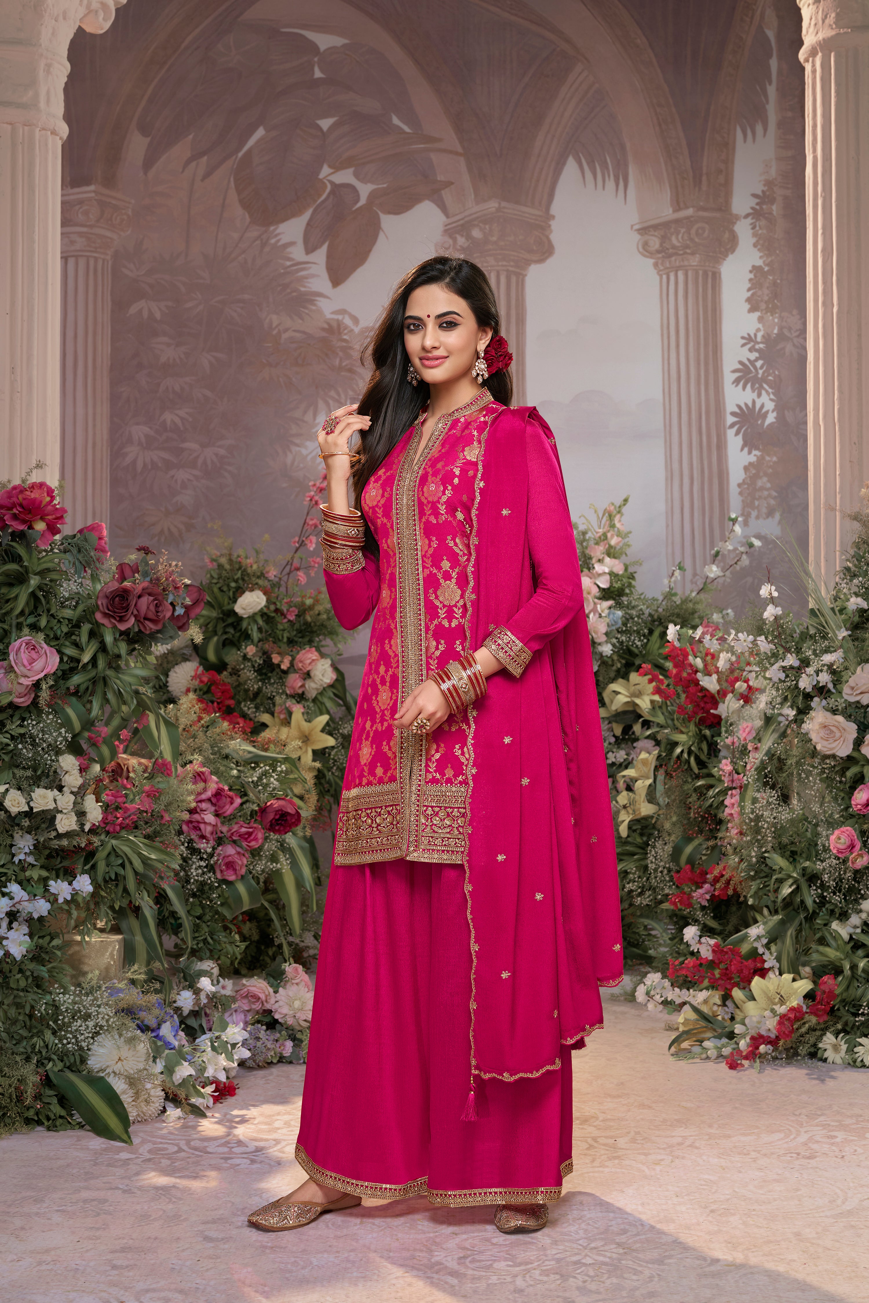 Deep Pink Embellished Brocade Silk Palazzo Set
