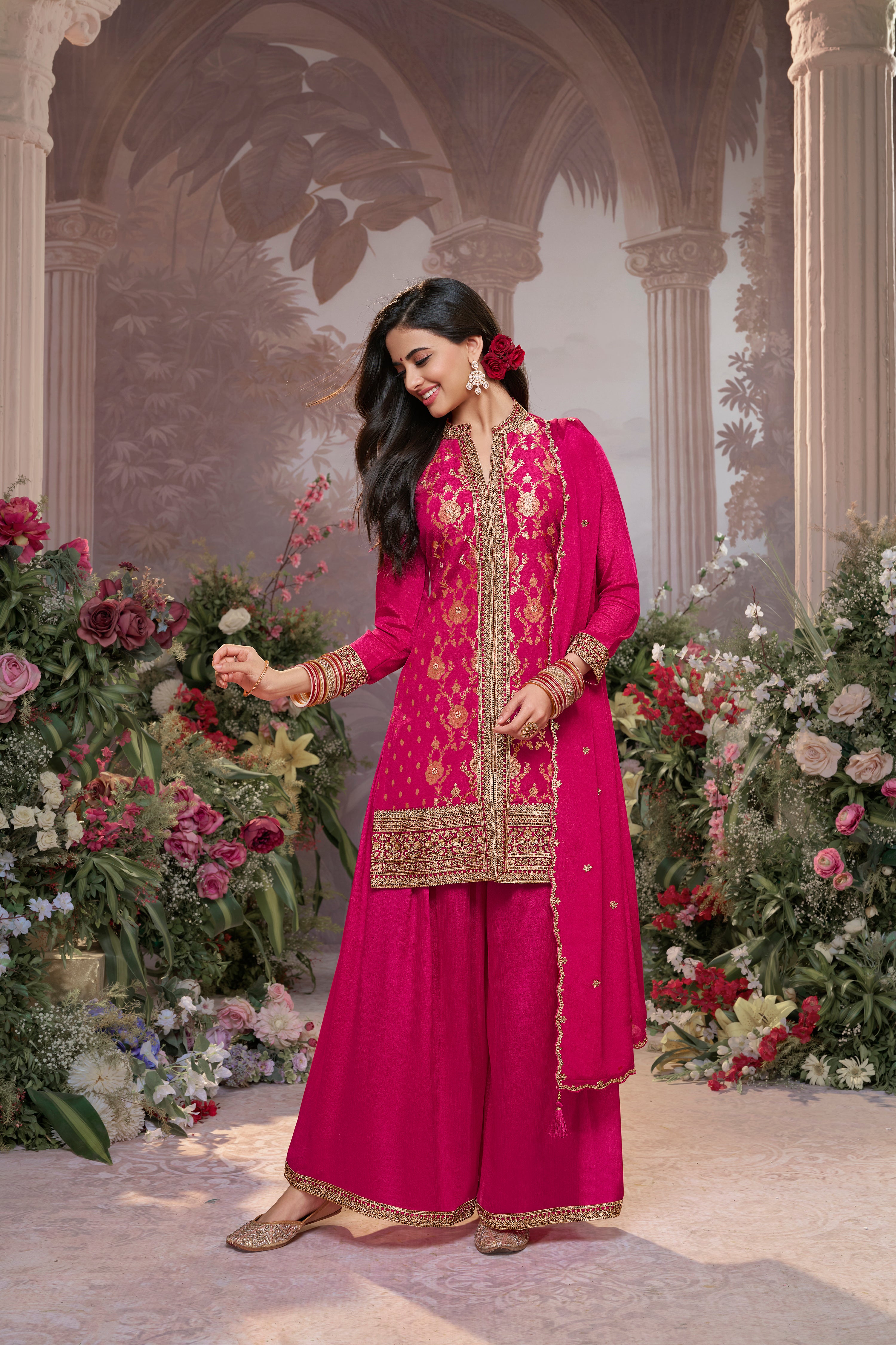Deep Pink Embellished Brocade Silk Palazzo Set