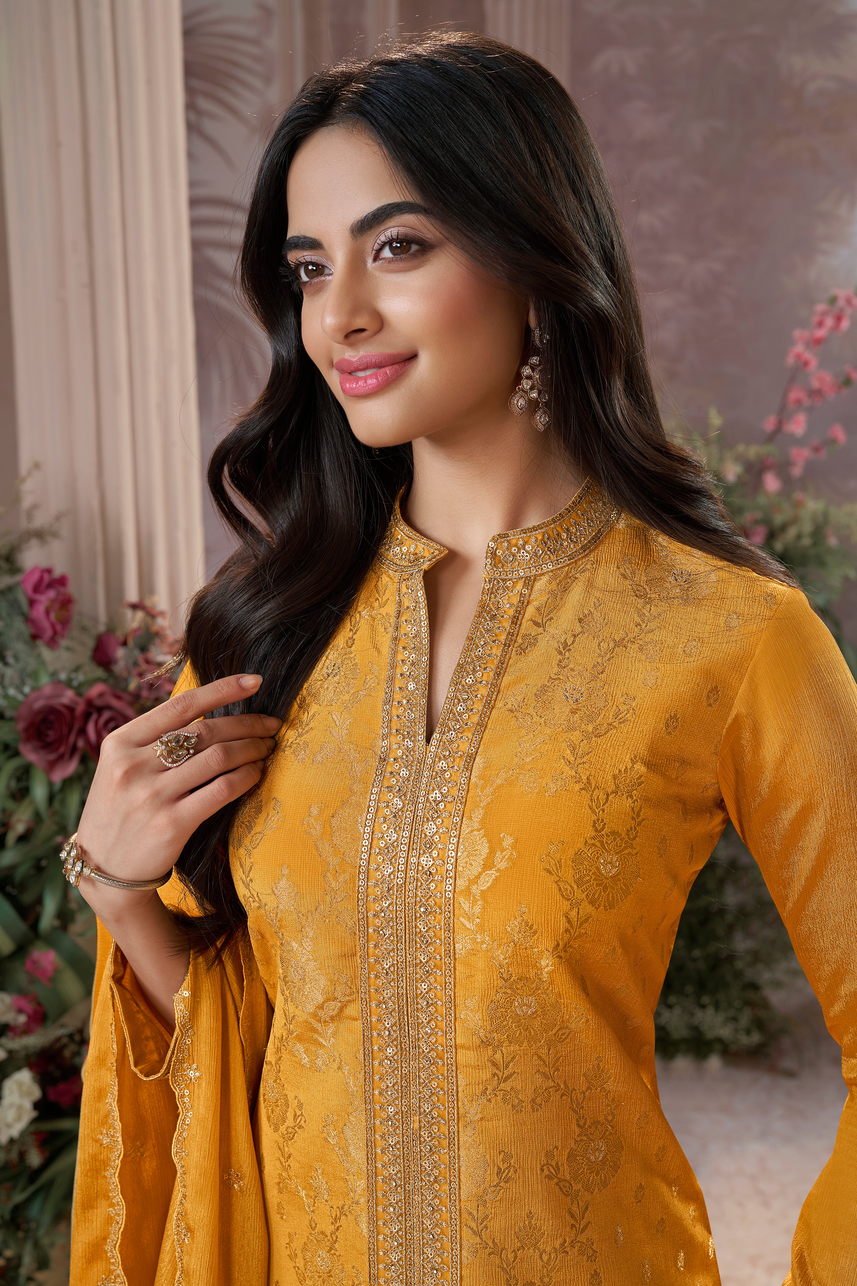Bright Yellow Embellished Premium Silk Palazzo Set