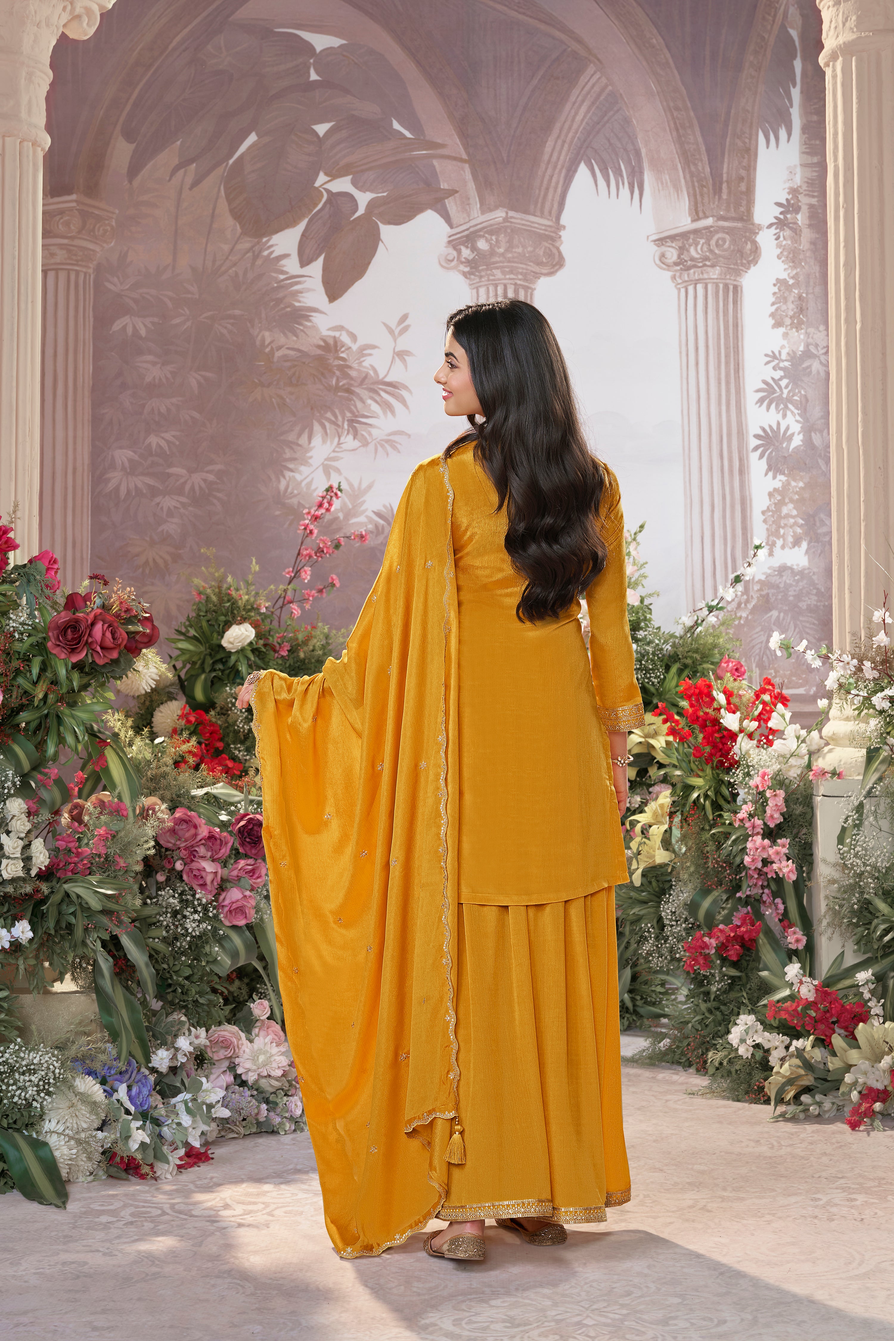 Bright Yellow Embellished Premium Silk Palazzo Set