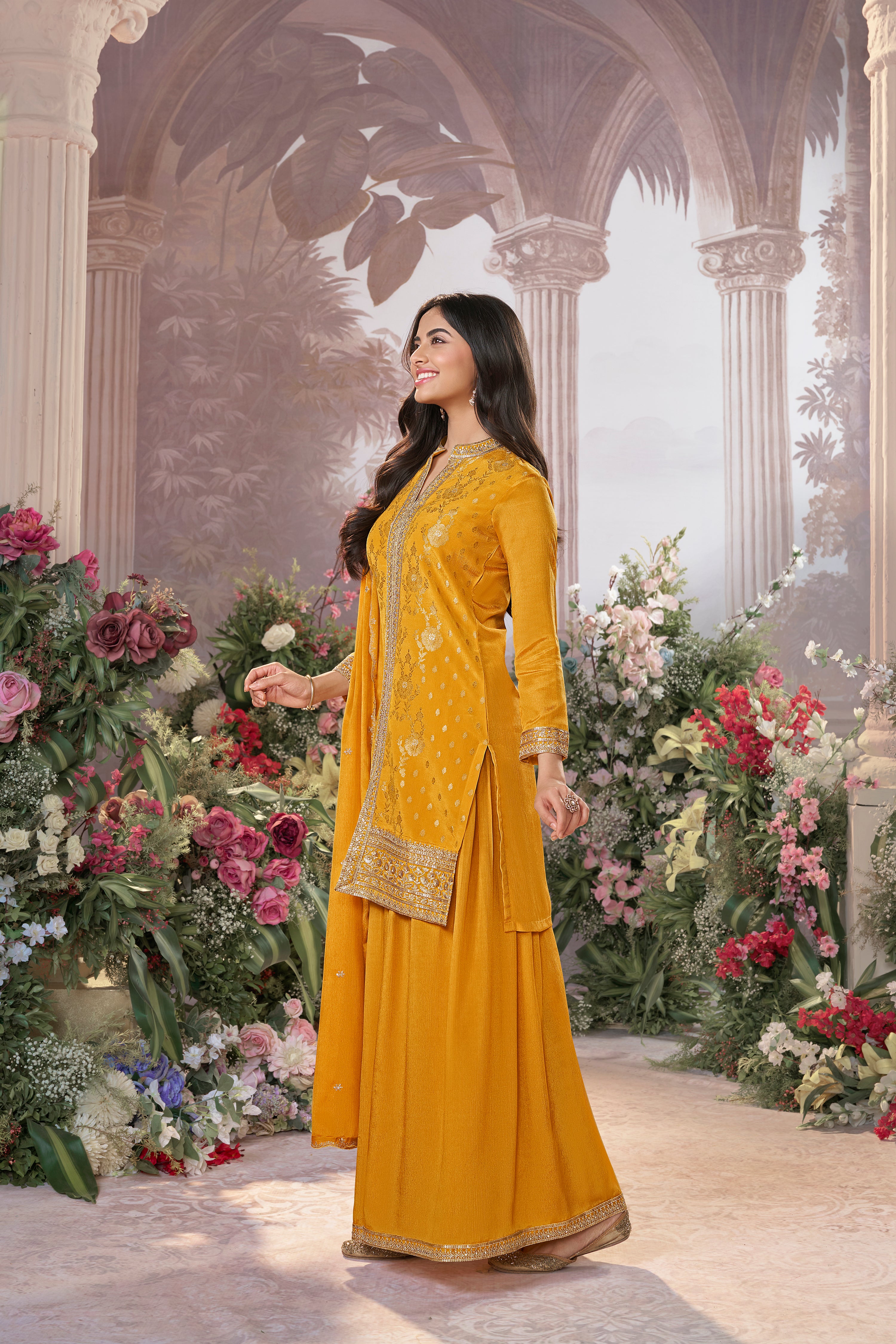 Bright Yellow Embellished Premium Silk Palazzo Set