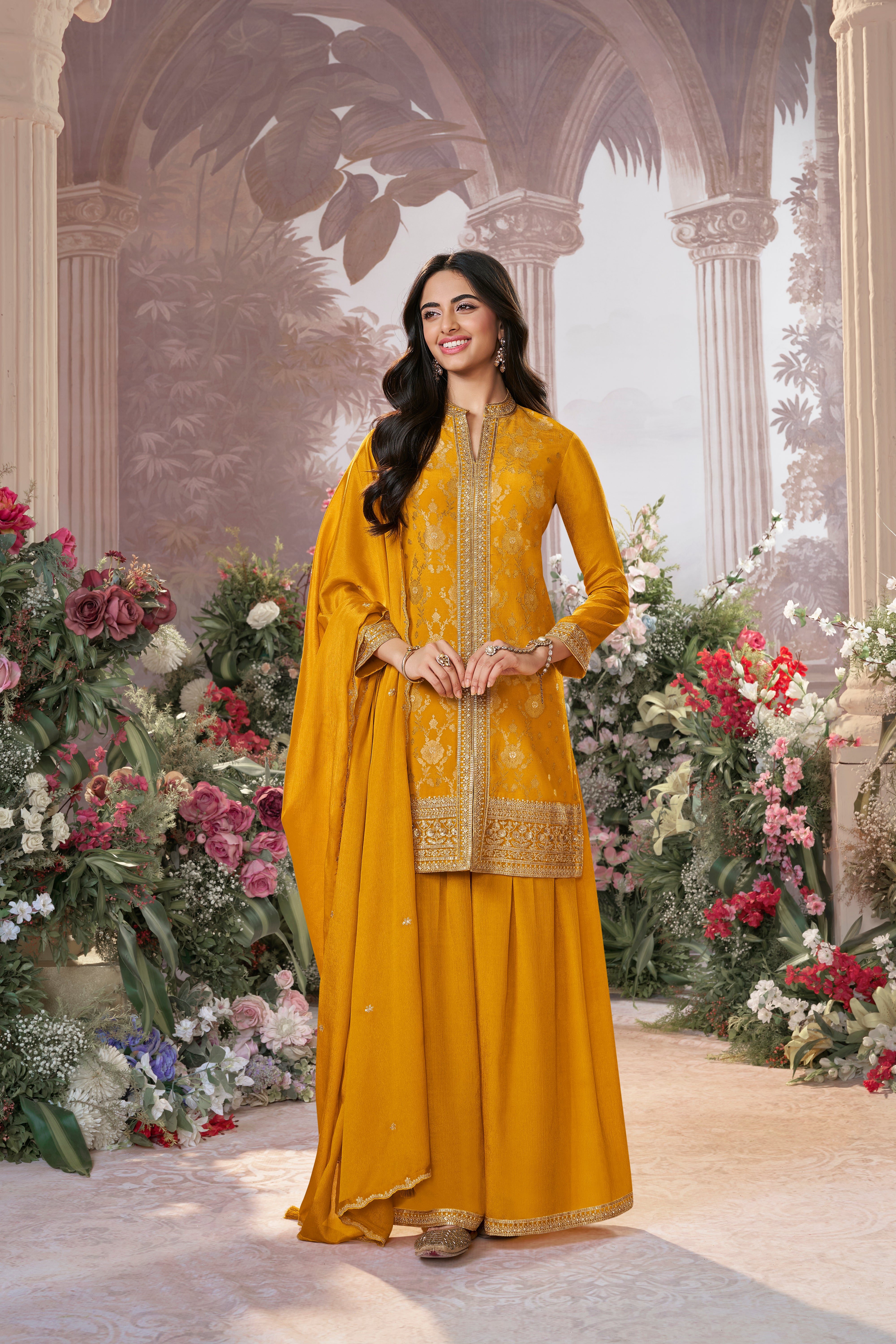 Bright Yellow Embellished Premium Silk Palazzo Set