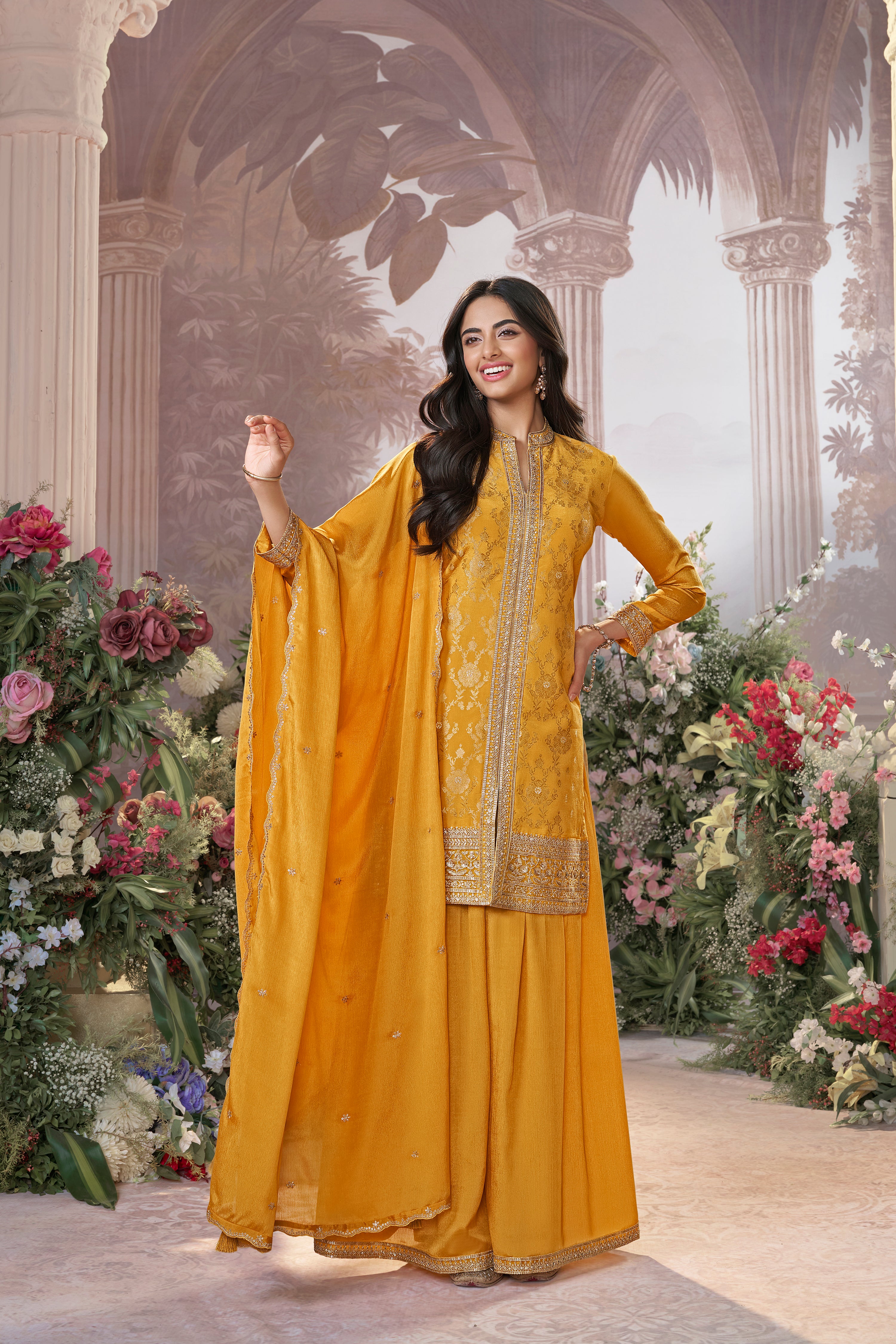 Bright Yellow Embellished Premium Silk Palazzo Set