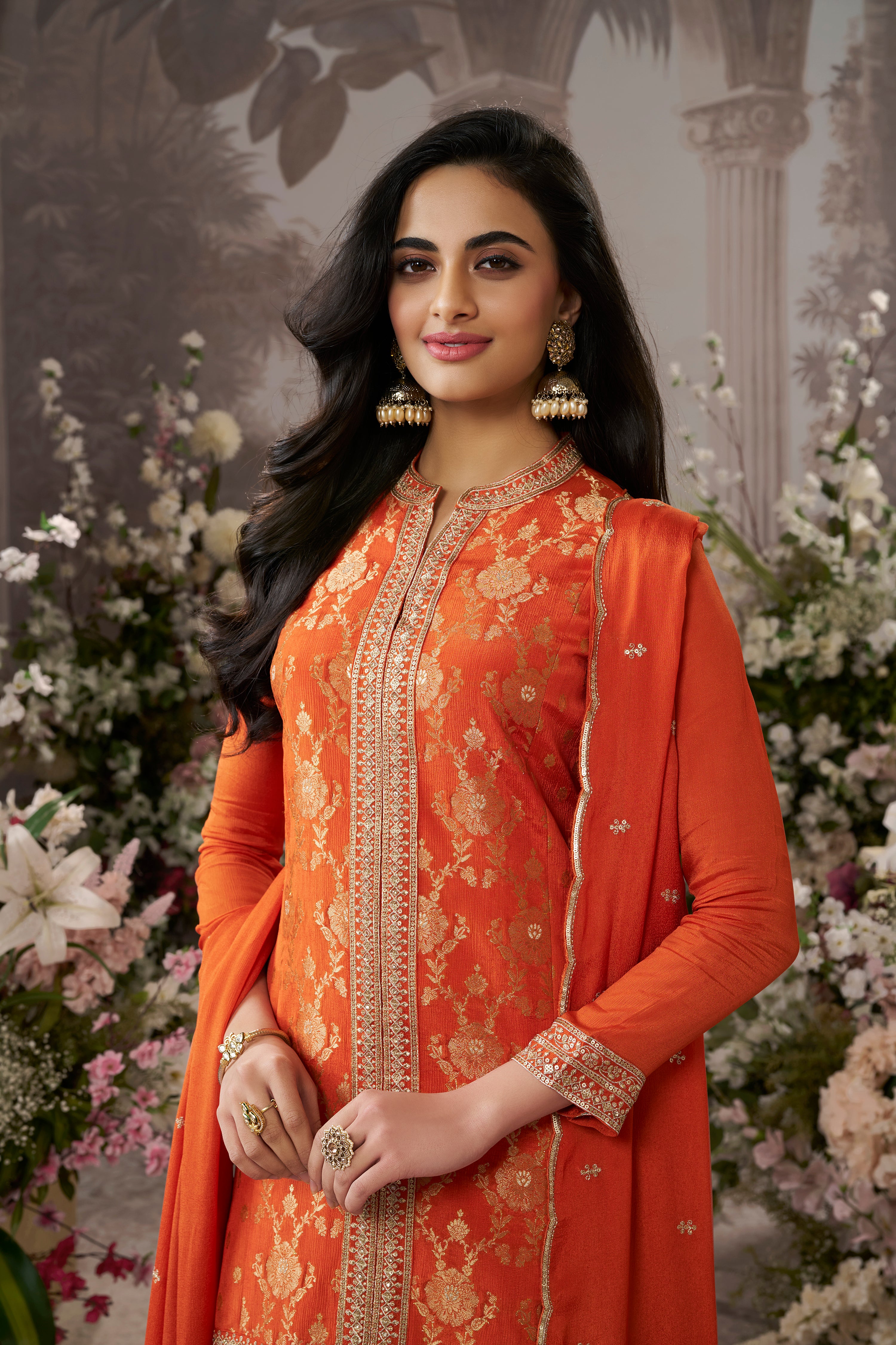 Bright Orange Embellished Premium Silk Palazzo Set
