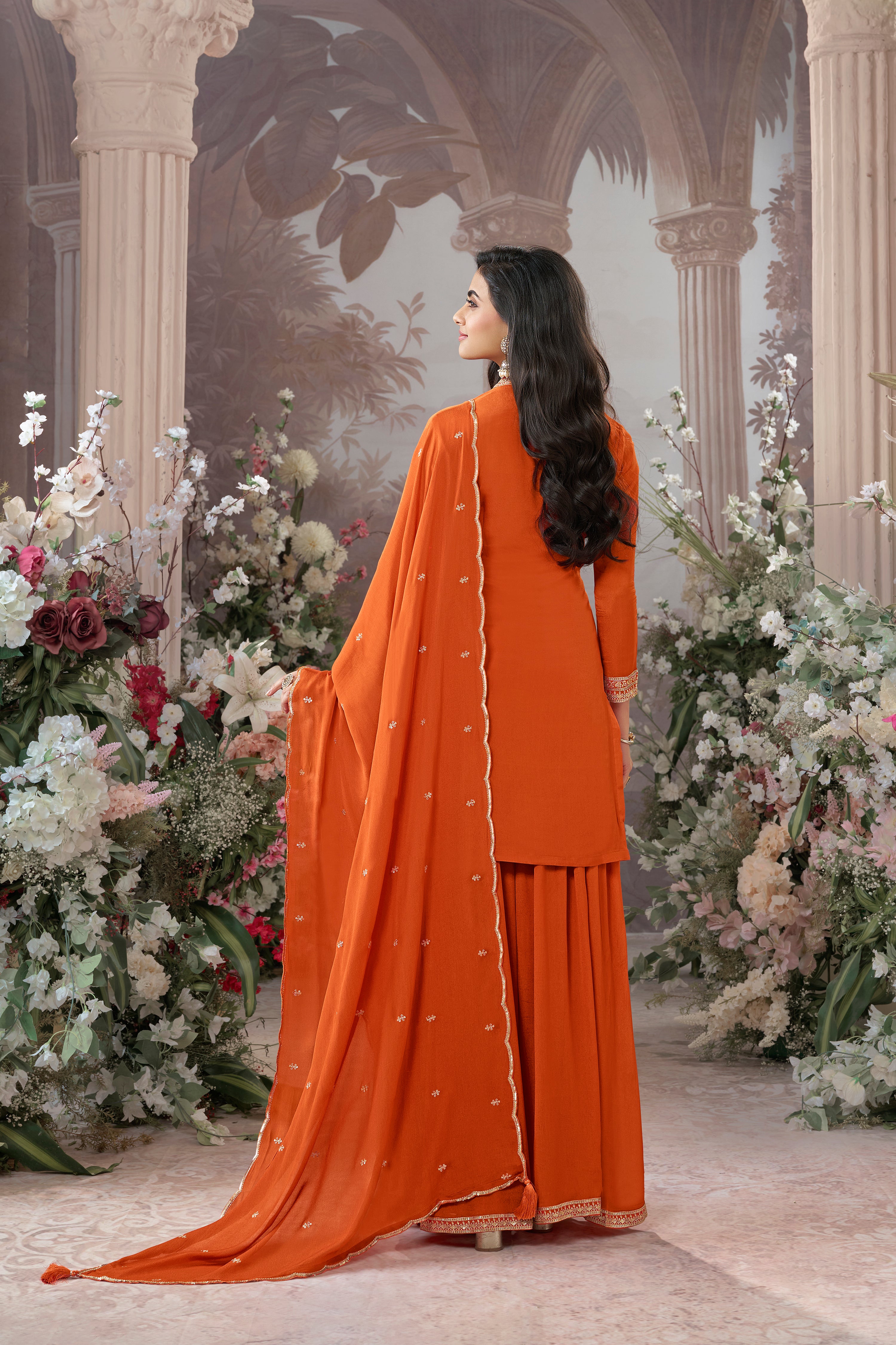 Bright Orange Embellished Premium Silk Palazzo Set