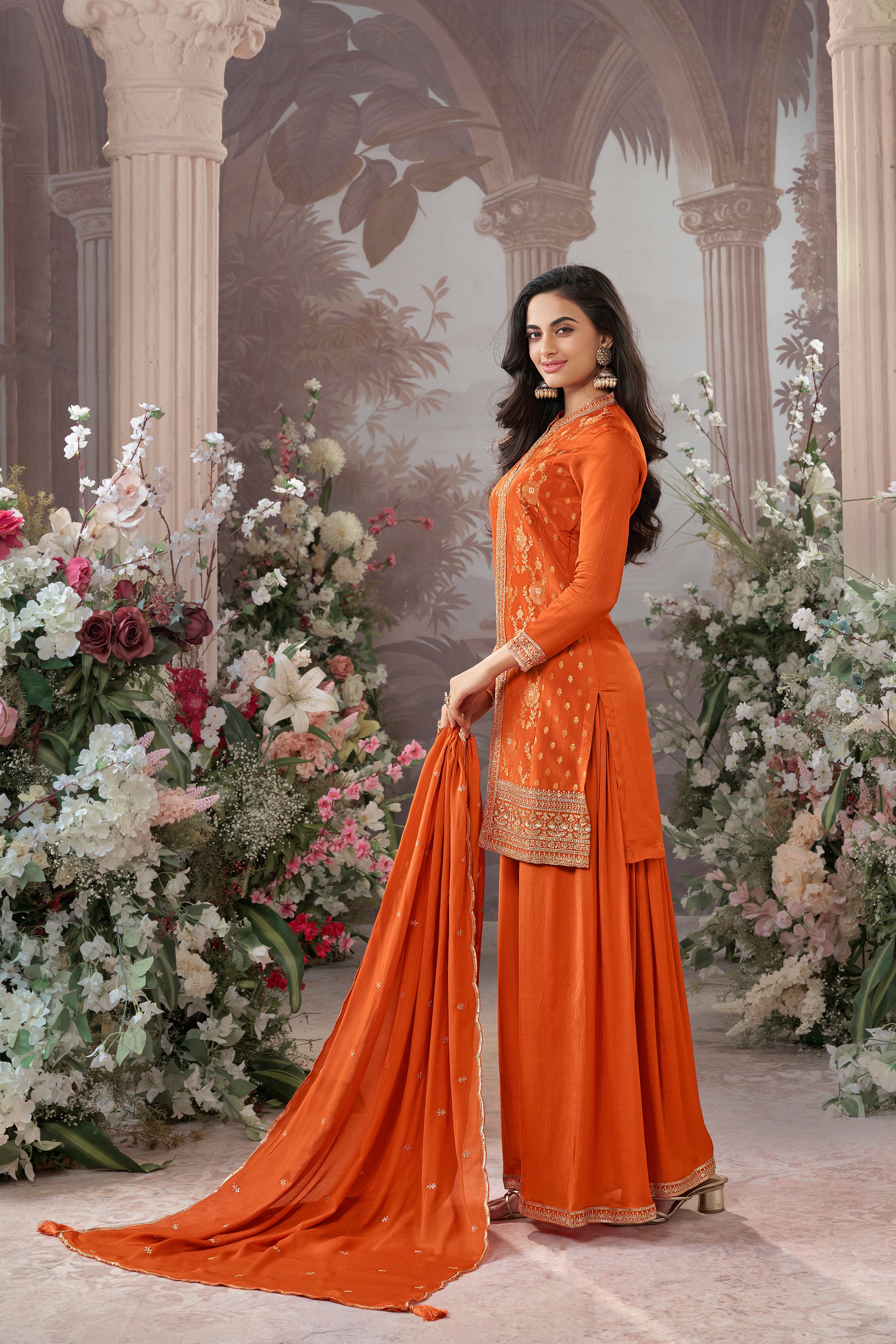 Bright Orange Embellished Premium Silk Palazzo Set