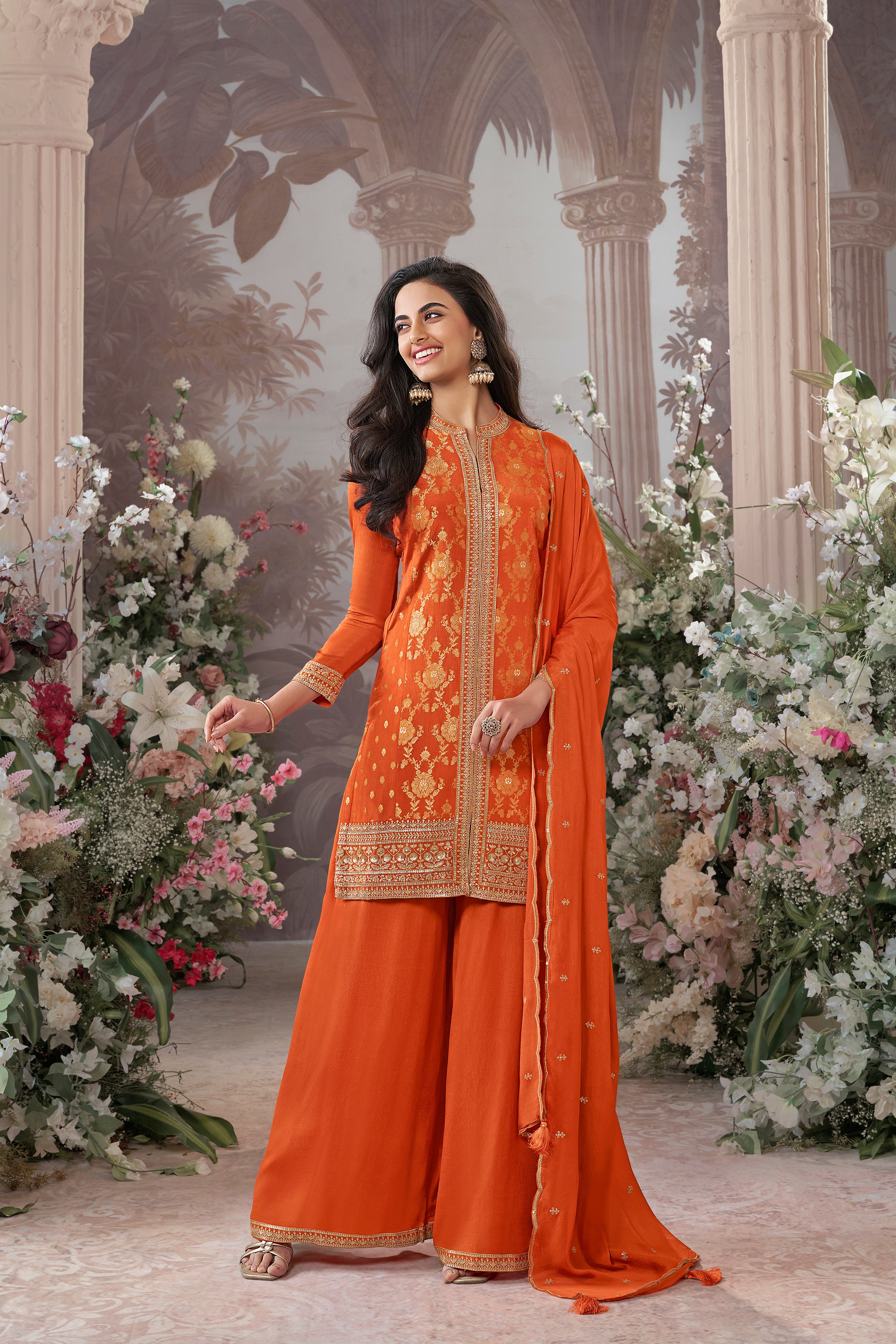 Bright Orange Embellished Premium Silk Palazzo Set