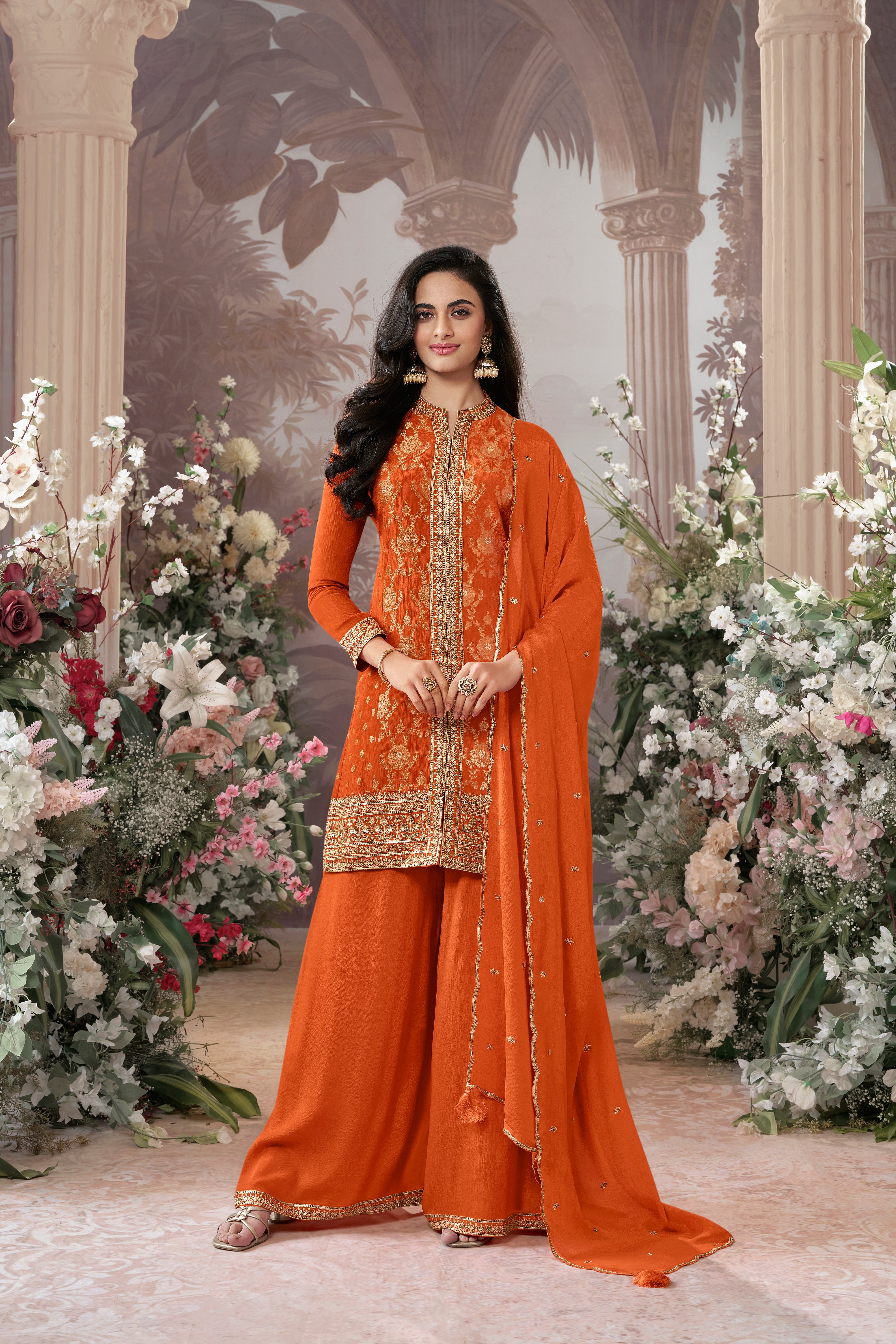 Bright Orange Embellished Premium Silk Palazzo Set