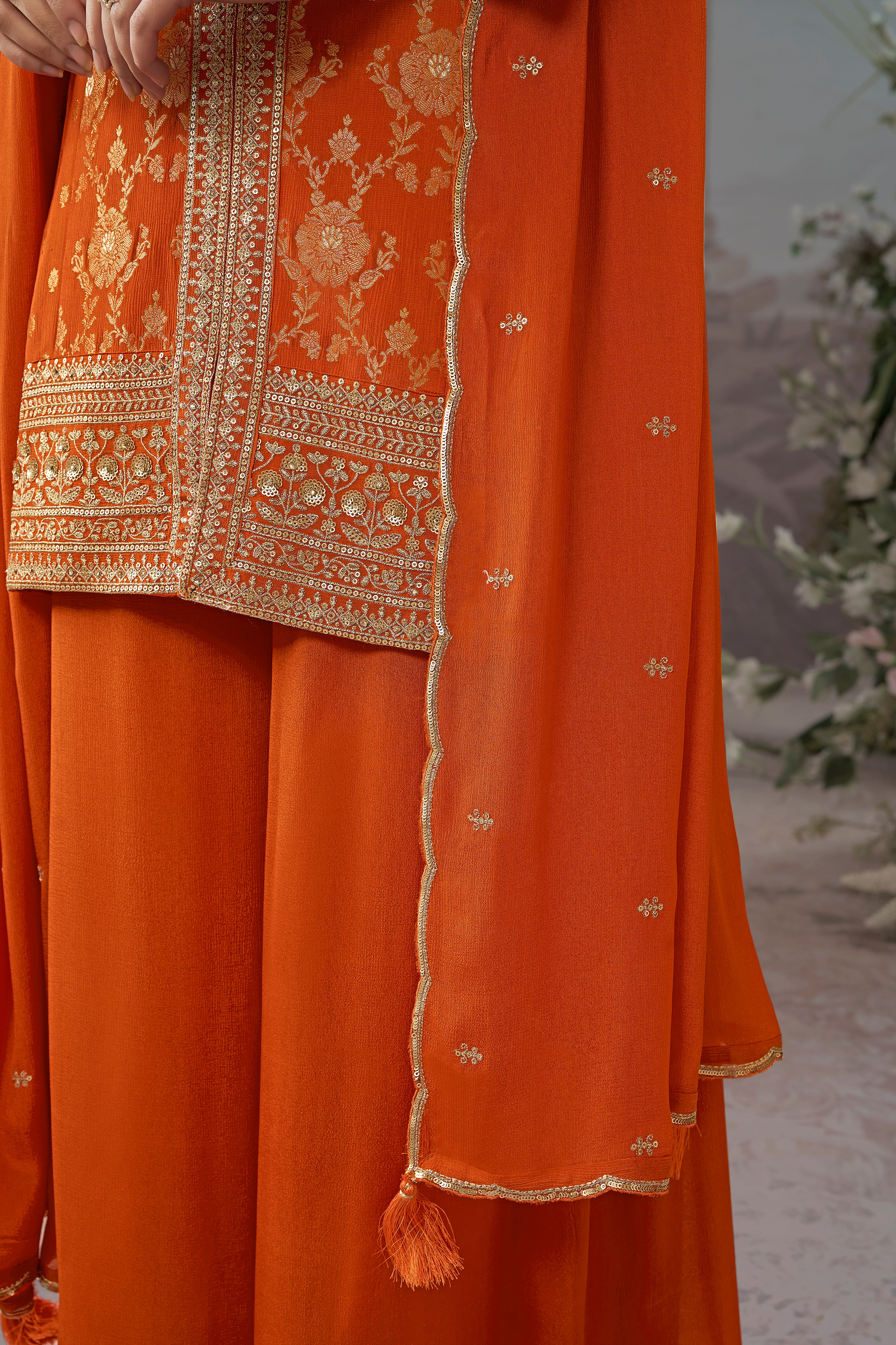 Bright Orange Embellished Premium Silk Palazzo Set