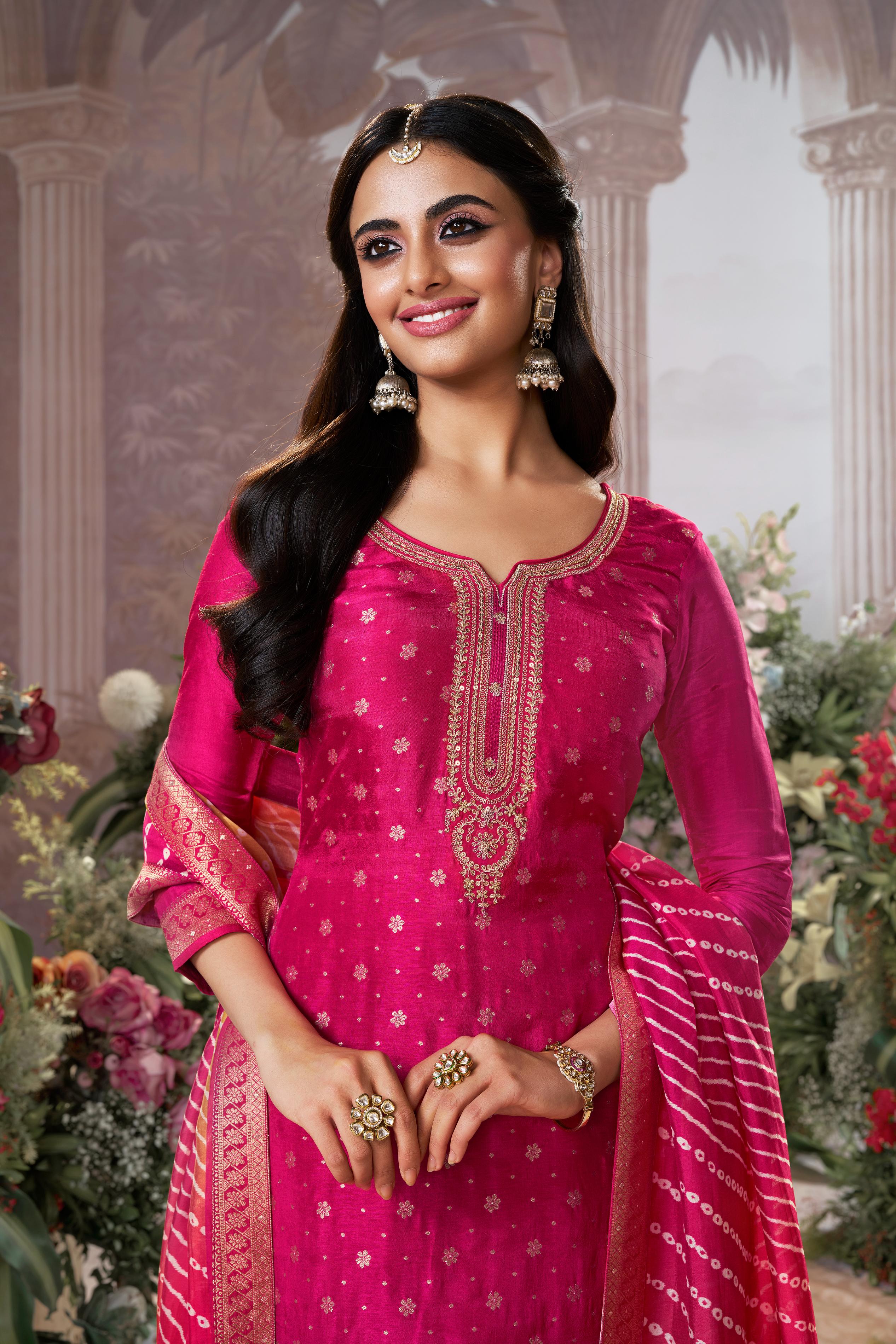 Fuchsia Pink Embroidered Kurta Pant Set