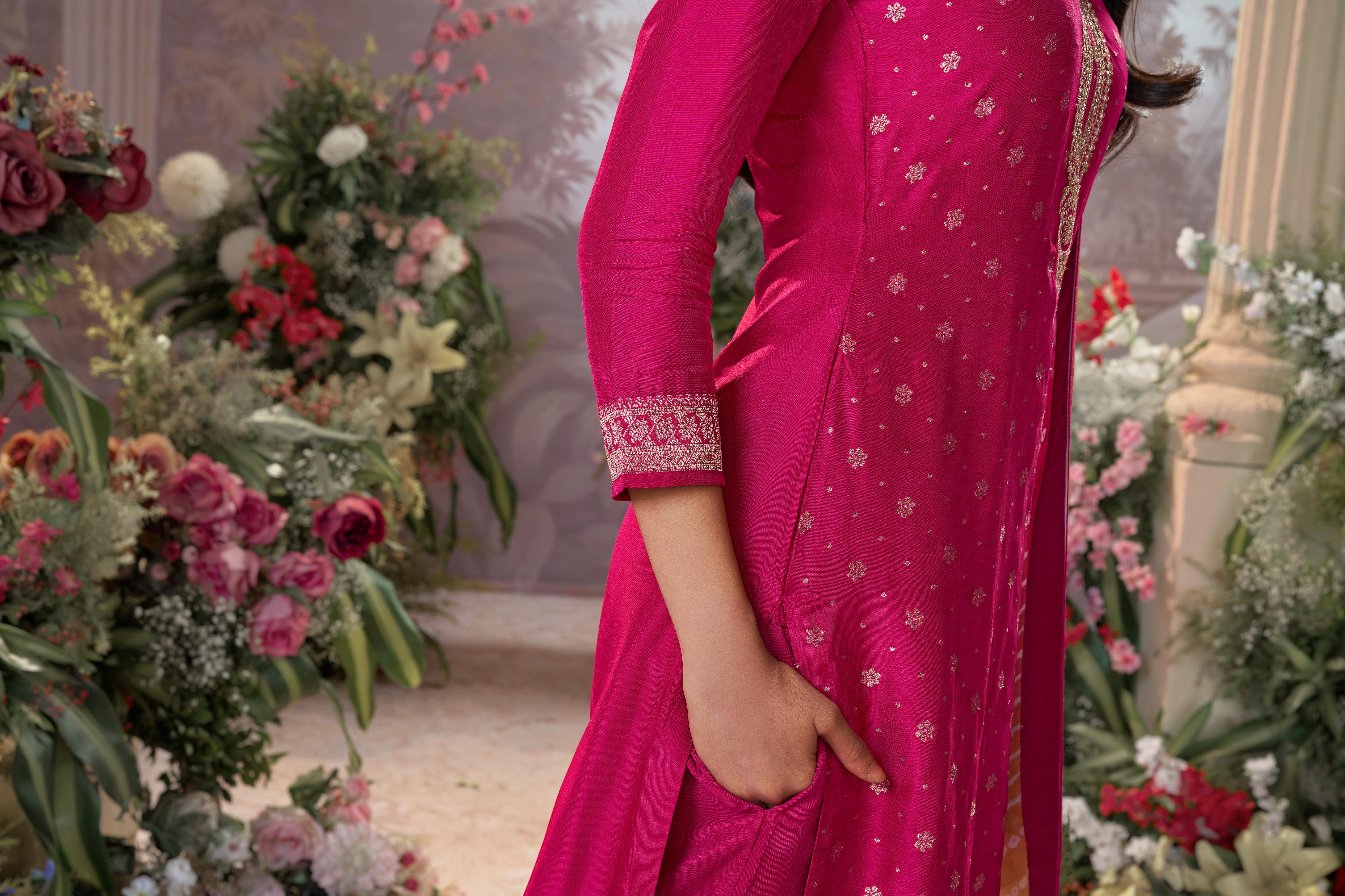 Fuchsia Pink Embroidered Kurta Pant Set