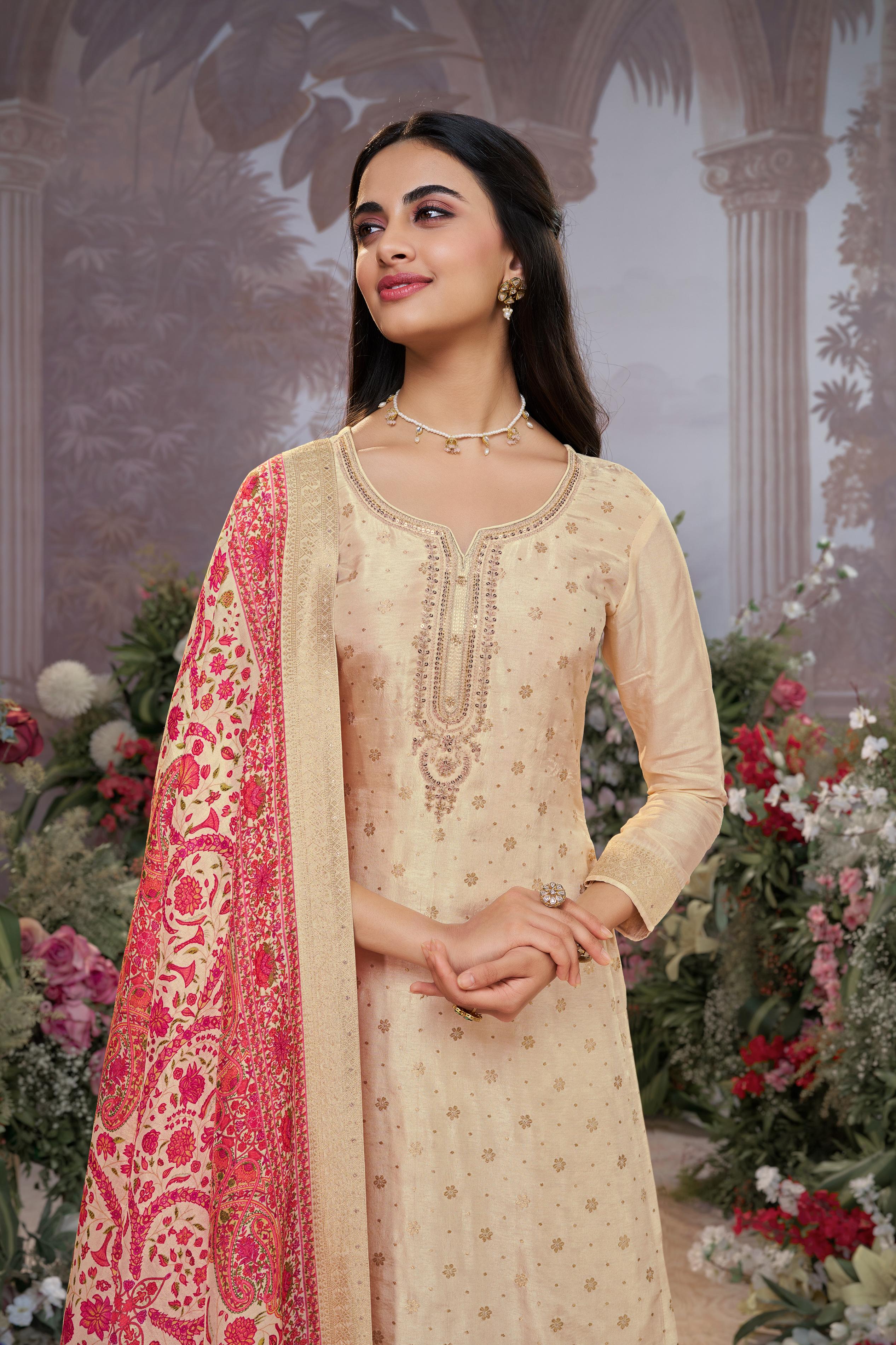 Champagne Beige Banarasi Silk Embroidered Kurta Set